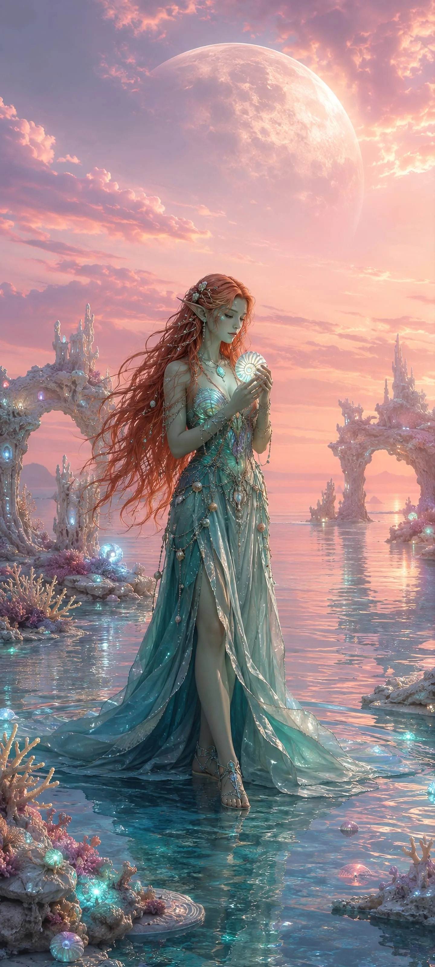 Full-body sea elf with long copper hair and a flowing teal gown, standing in shallow water by a luminous reef at dawn.