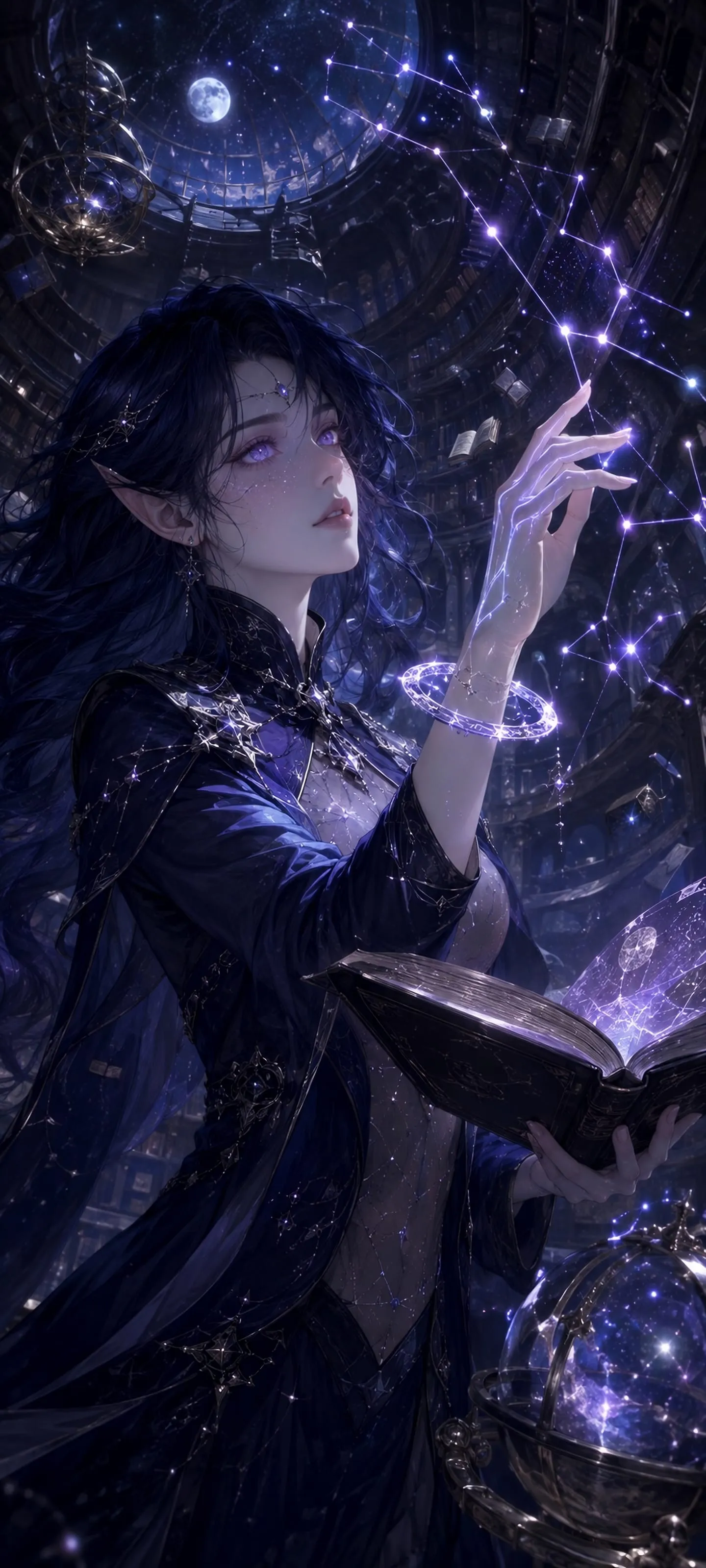 Arcane elf mage with long midnight-blue hair tracing a glowing constellation inside a suspended magical library.