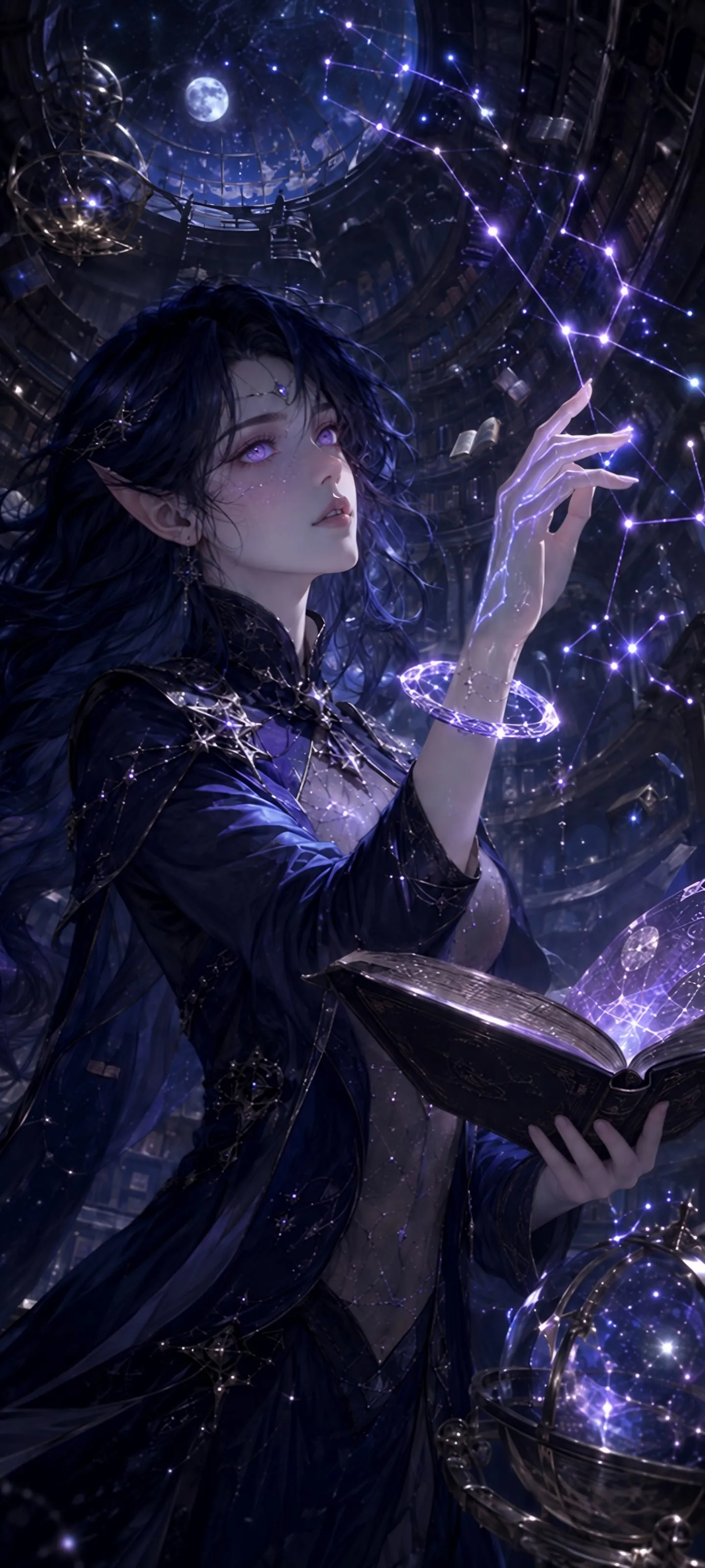 Arcane elf mage with long midnight-blue hair tracing a glowing constellation inside a suspended magical library.