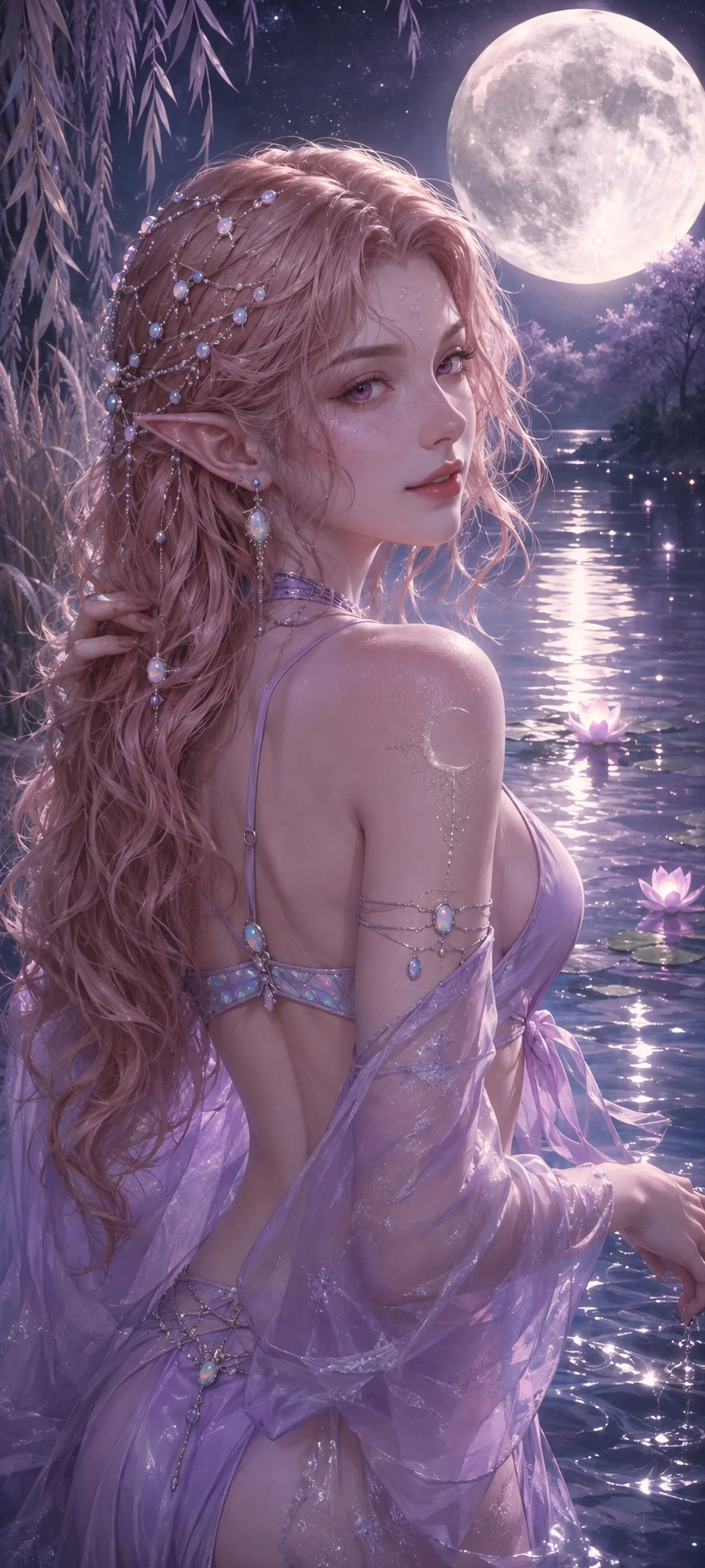Waist-up rear three-quarter view of a dream elf with long rose-gold hair looking back in a lilac bikini beside a moonlit lake.