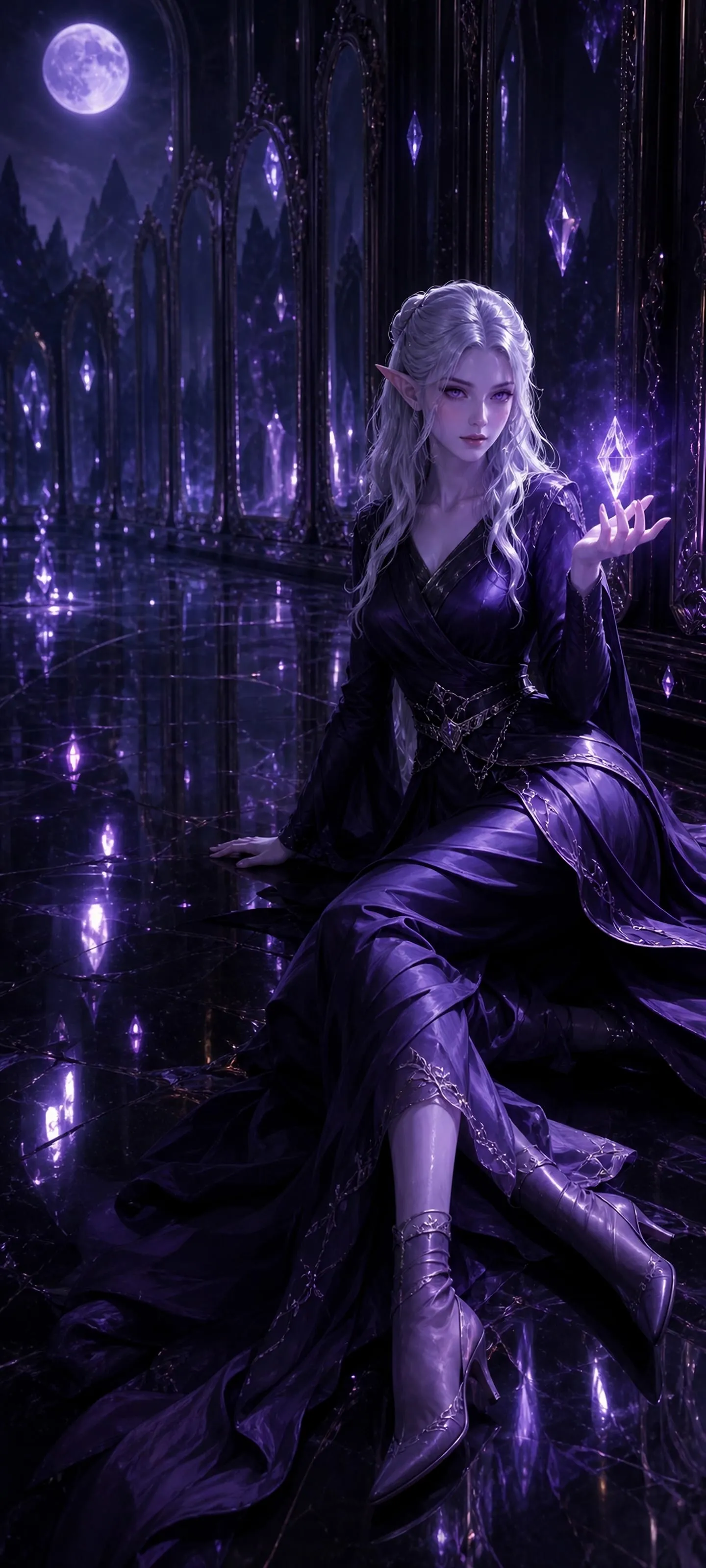 Vaelith Nox, a pale lavender dusk elf illusionist in a moonlit hall of enchanted mirrors