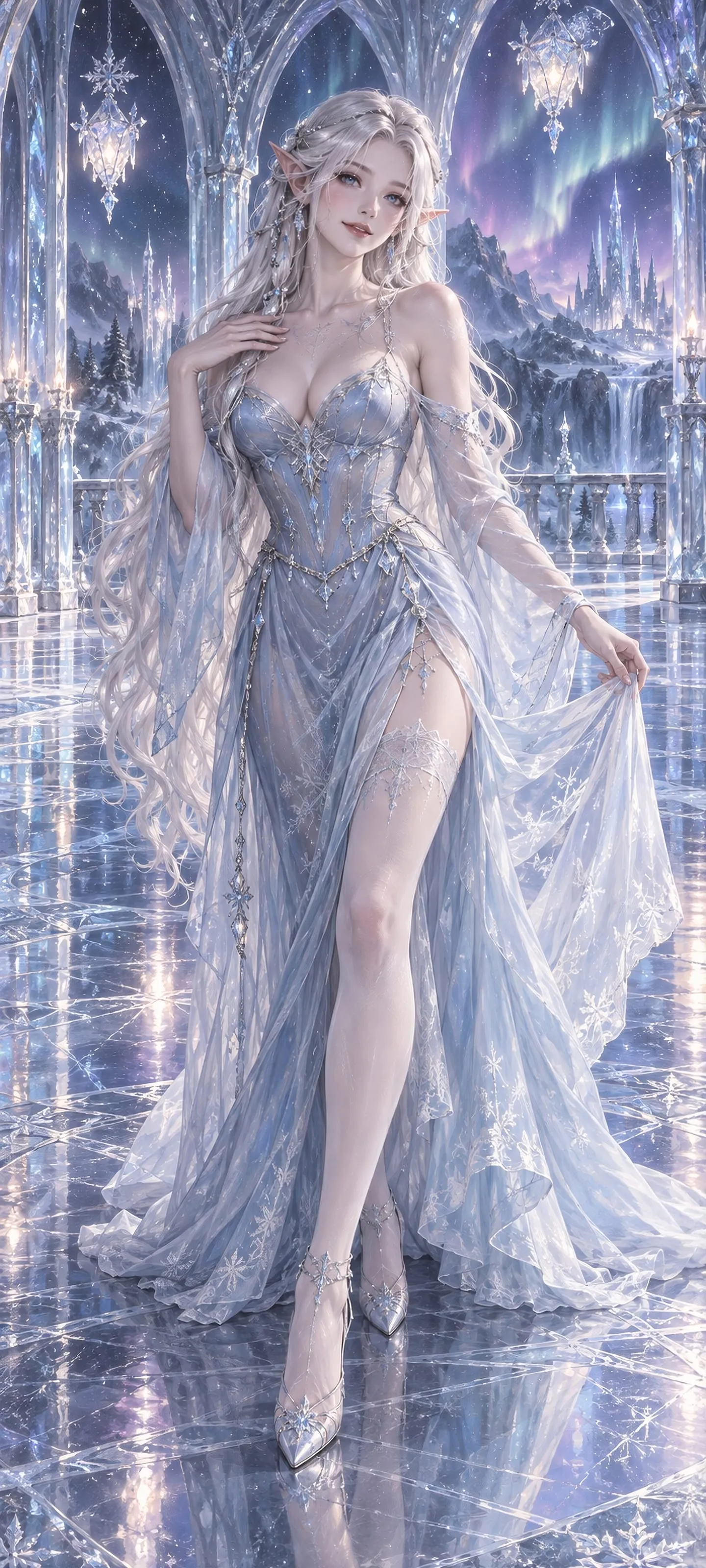 A feminine frost elf in a fitted glacier-blue gown dances in a moonlit crystal ice ballroom.