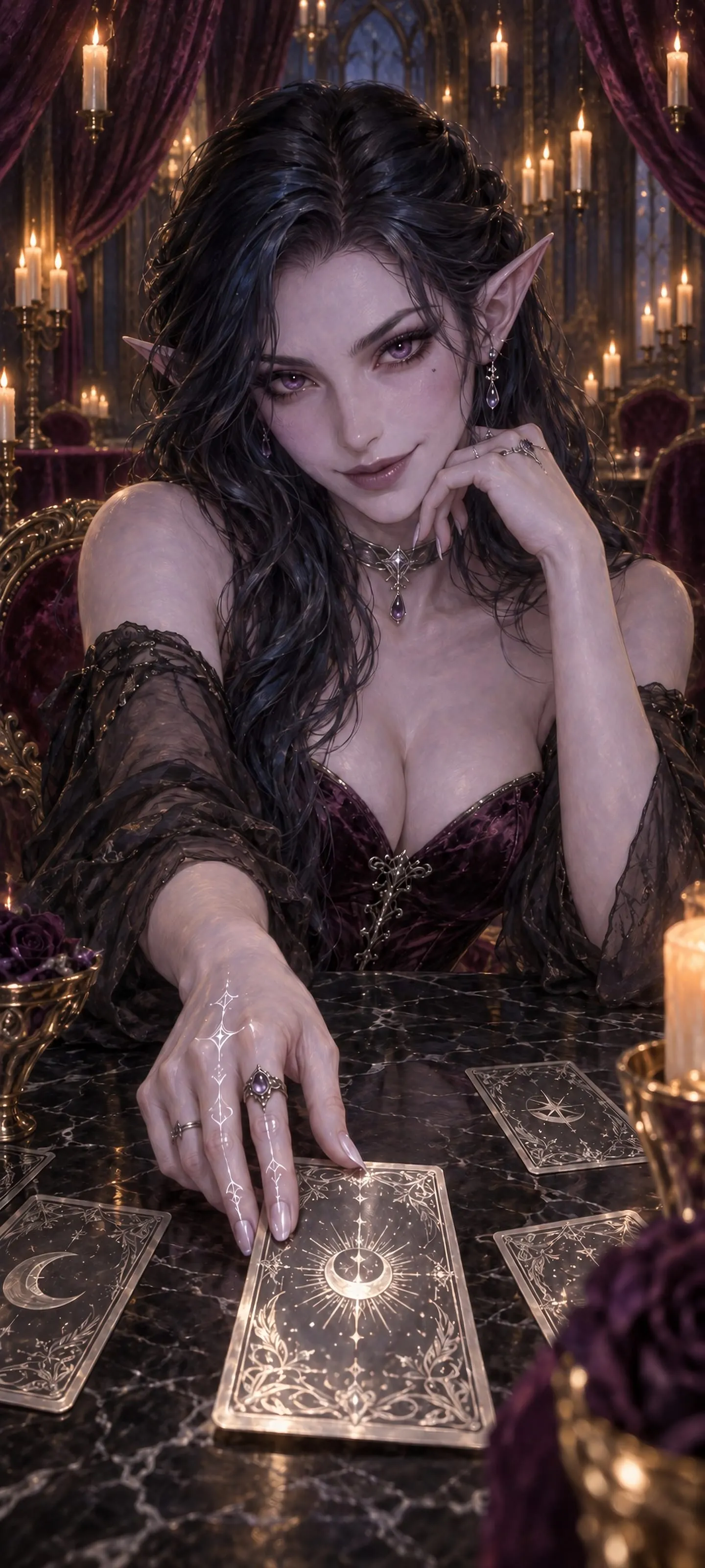 A sly dark elf card oracle leans over glowing silver cards in a candlelit shadow court salon.