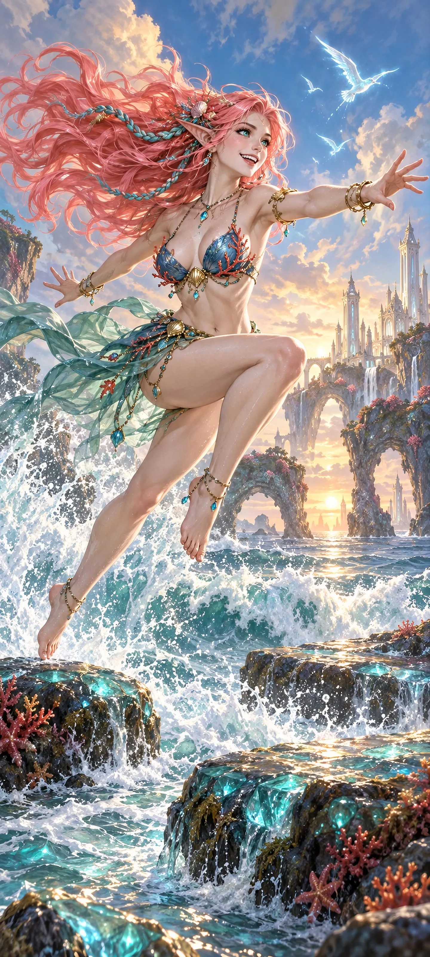 A joyful sea elf in sapphire fantasy swimwear leaps between glowing tide stones at sunrise.