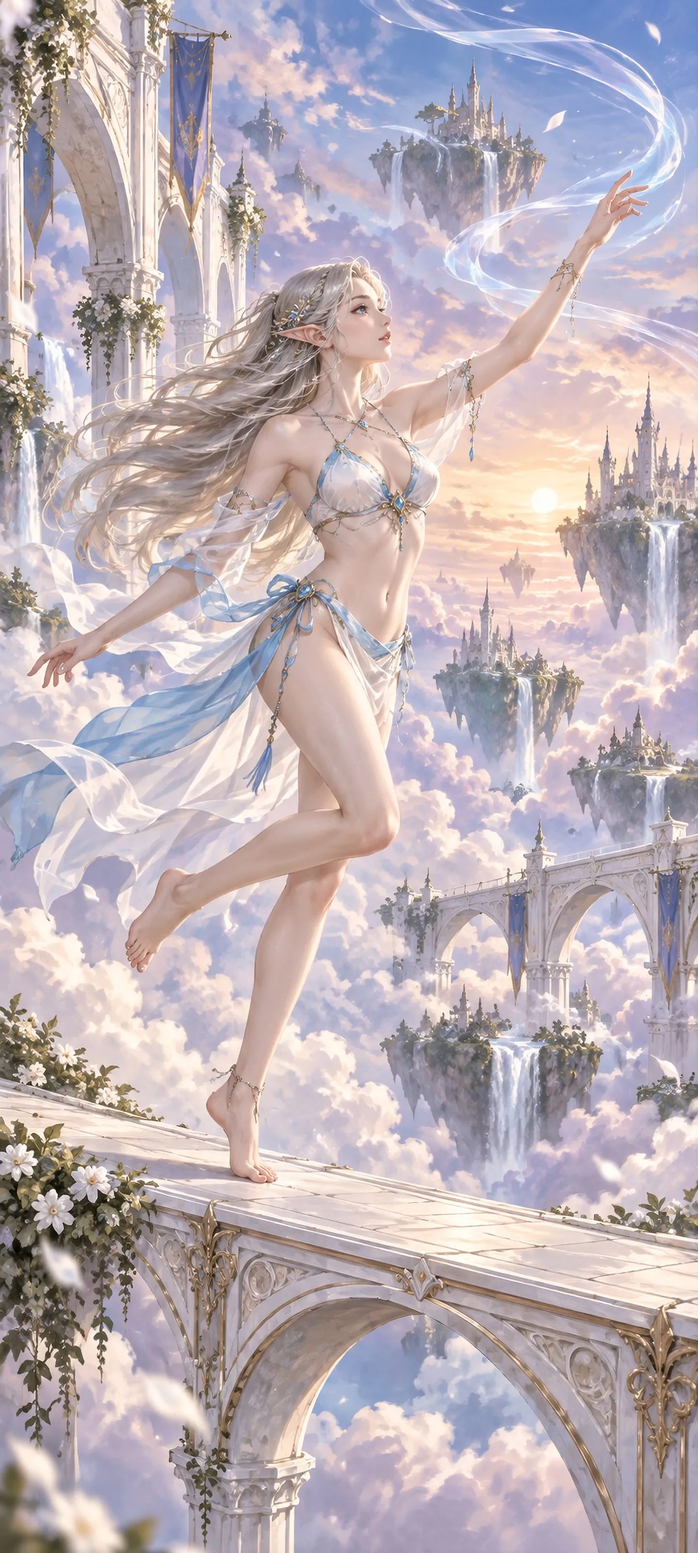 A lean and agile sky elf in a cloud-white fantasy bikini lands on a floating bridge above the clouds.