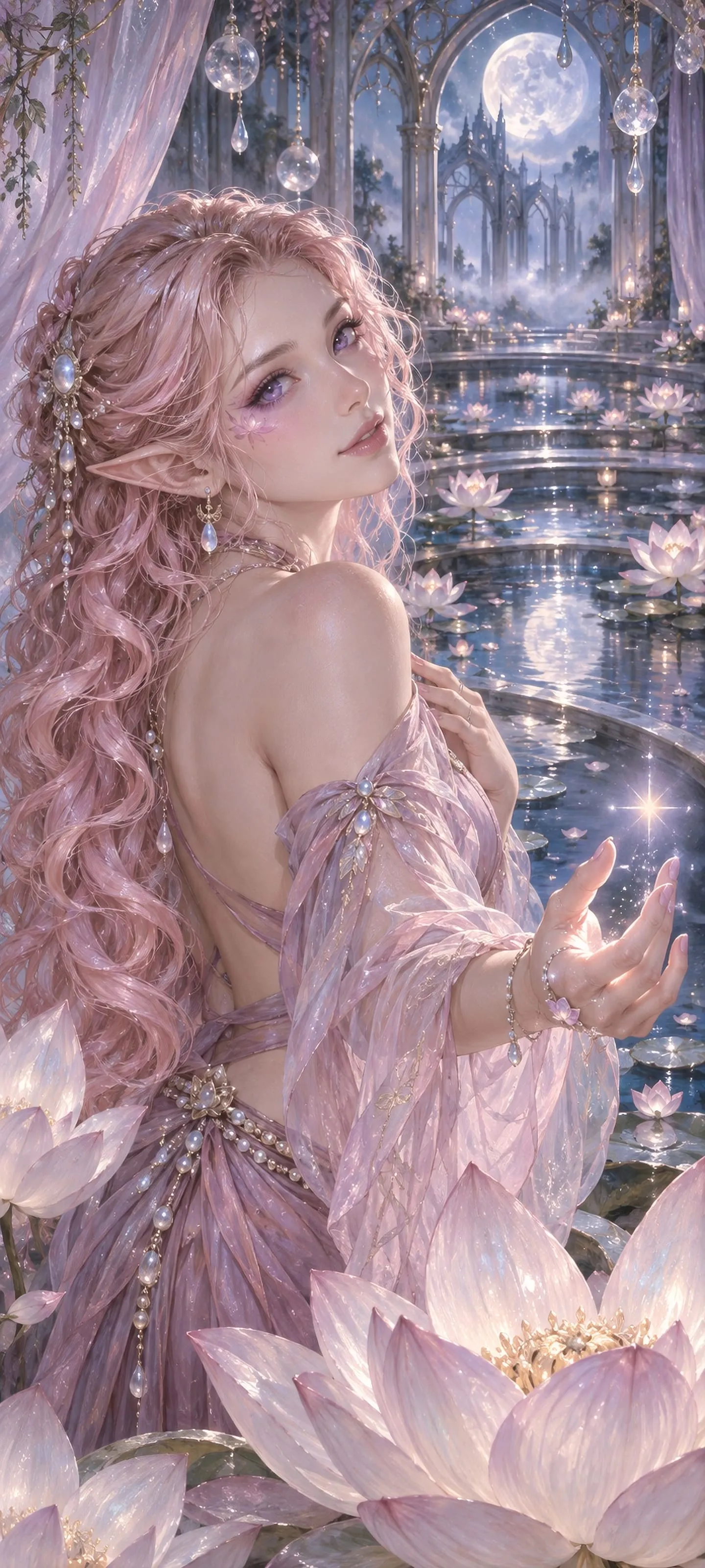 A wistful dream elf reaches toward a memory-star in a moonlit lotus conservatory.
