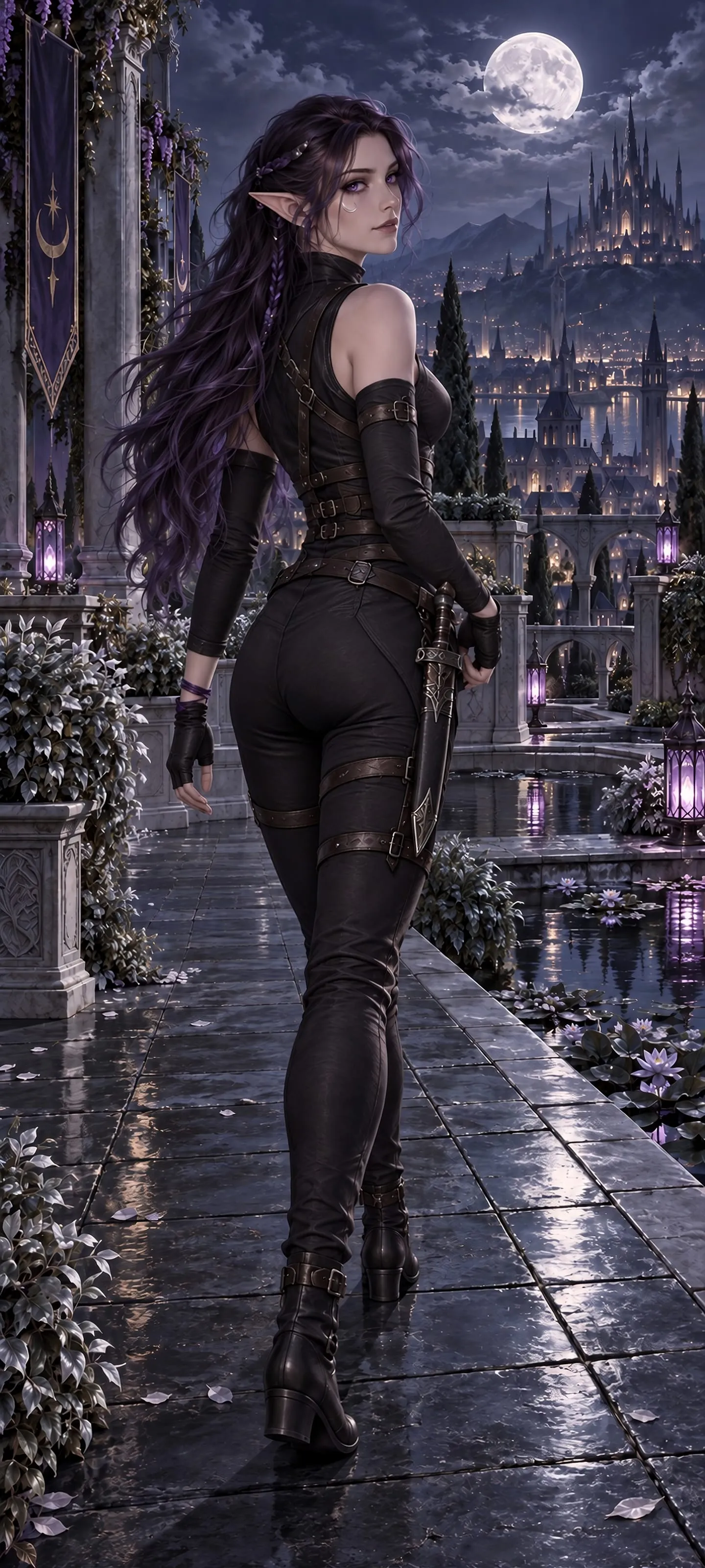 Nyris Vespera, a shadow elf rogue turning over her shoulder on a moonlit palace rooftop