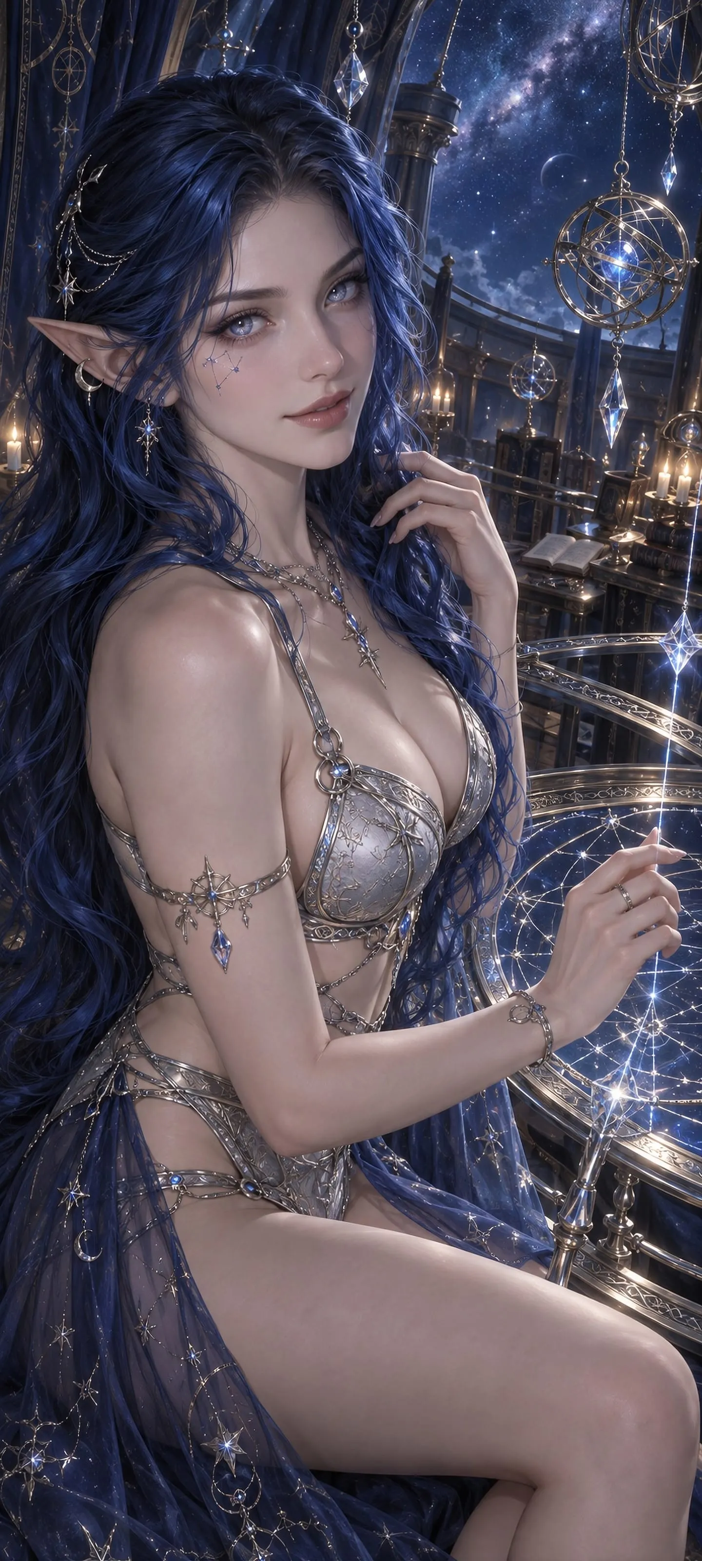 Caelira Veyne, a blue-haired arcane elf mage in silver magical lingerie inside a crystal observatory