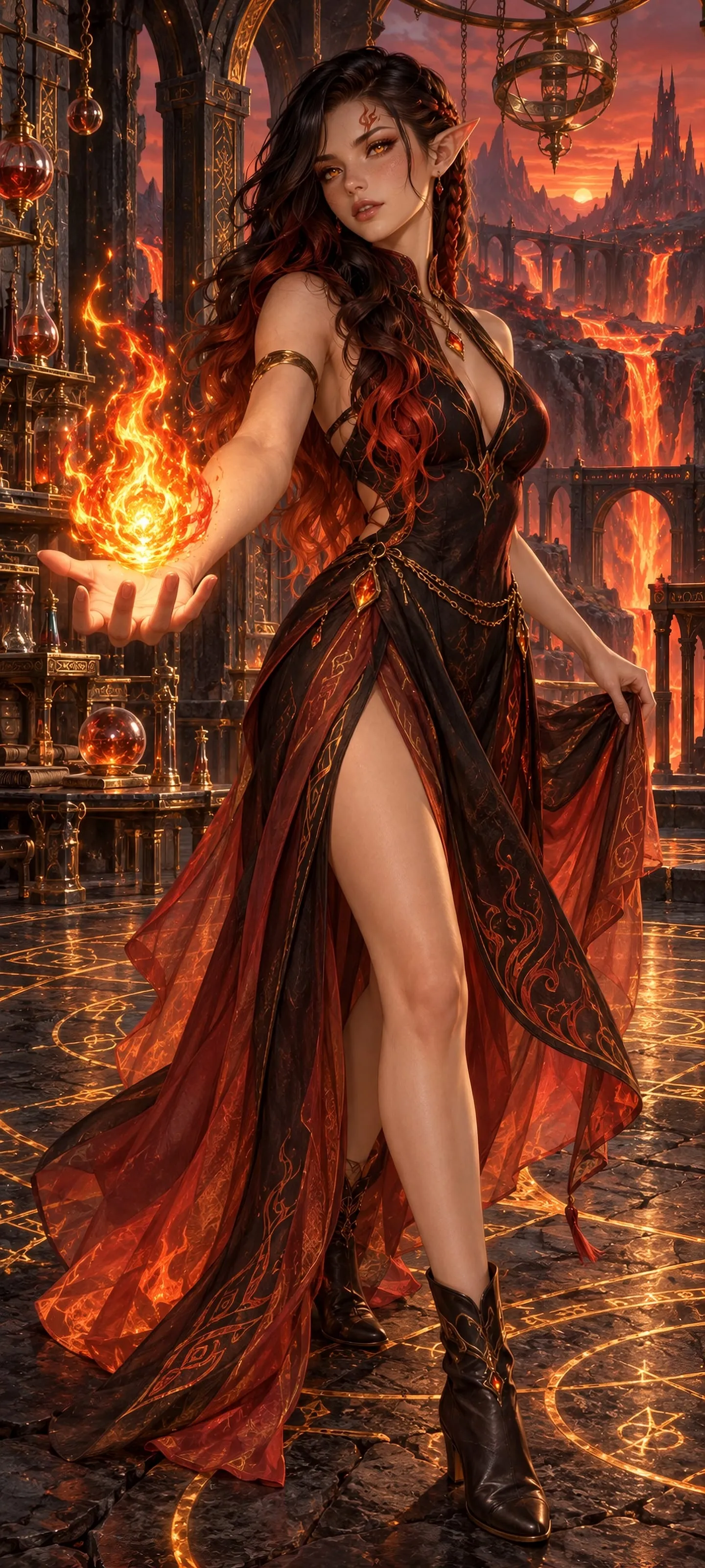 Rhaevia Sol, a lean fire elf mage holding a flame in her hand inside a volcanic spell atelier