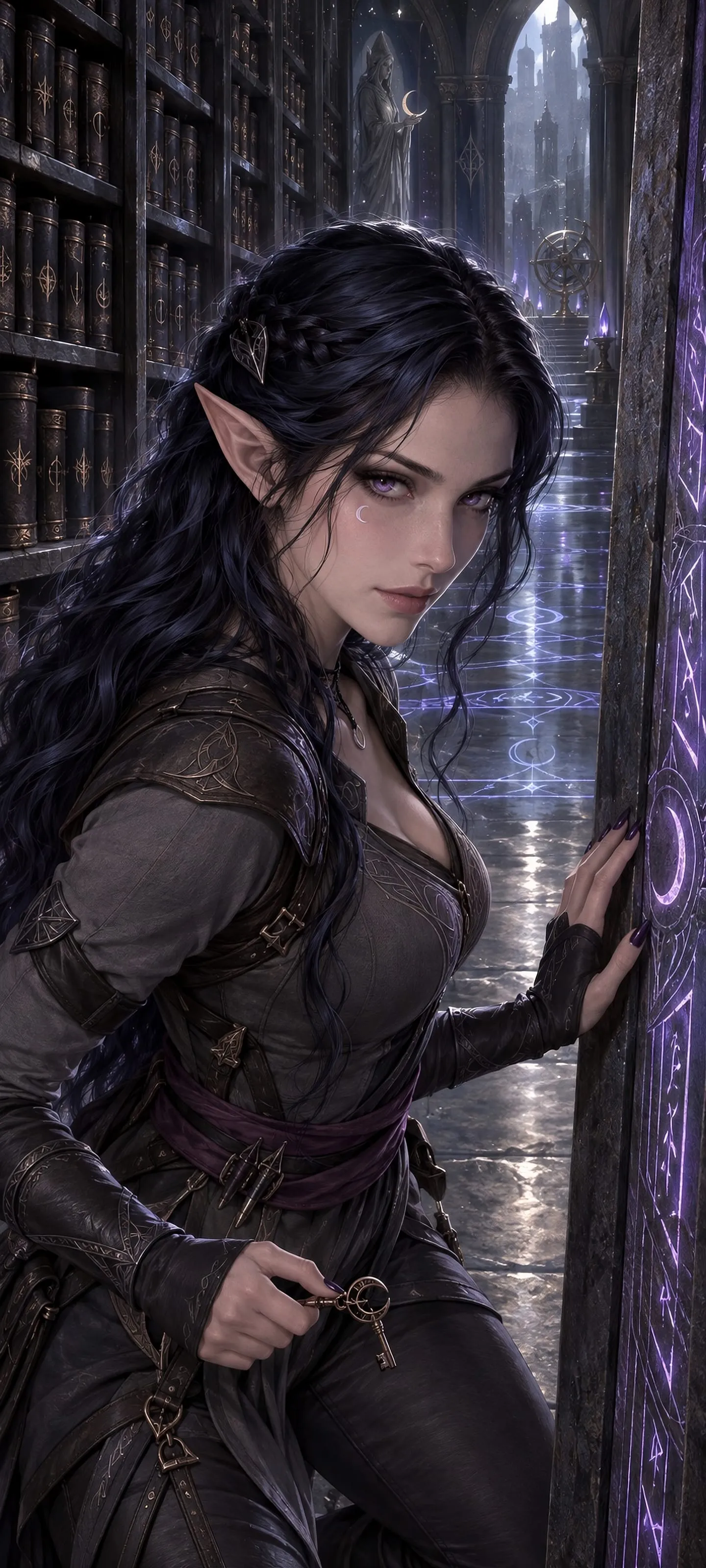 Ilyra Vanthel, the Quiet Needle, poised beside a hidden rune door in a moonless elven archive