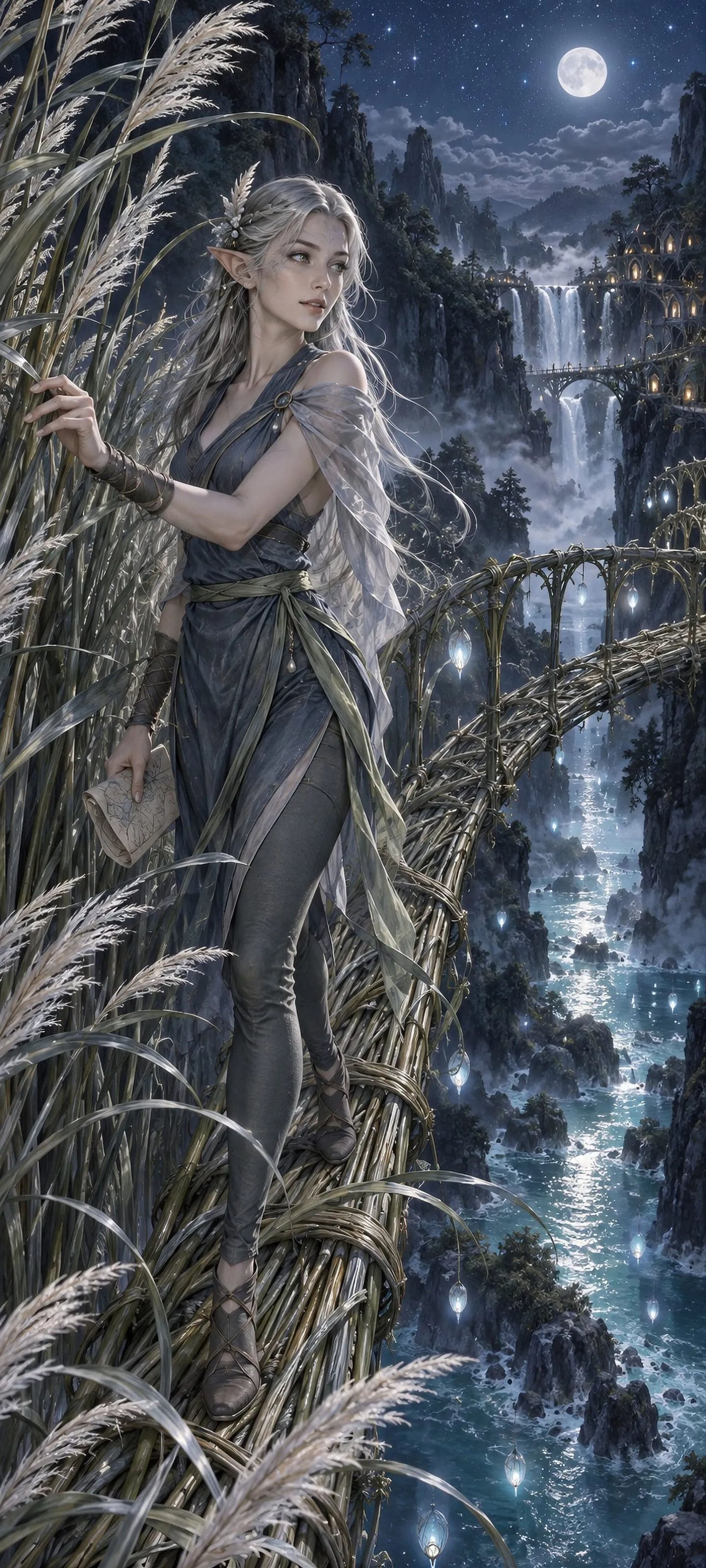 Lethira Nym, the Reedshadow Sentinel, balancing on a moonlit living bridge above a luminous river gorge