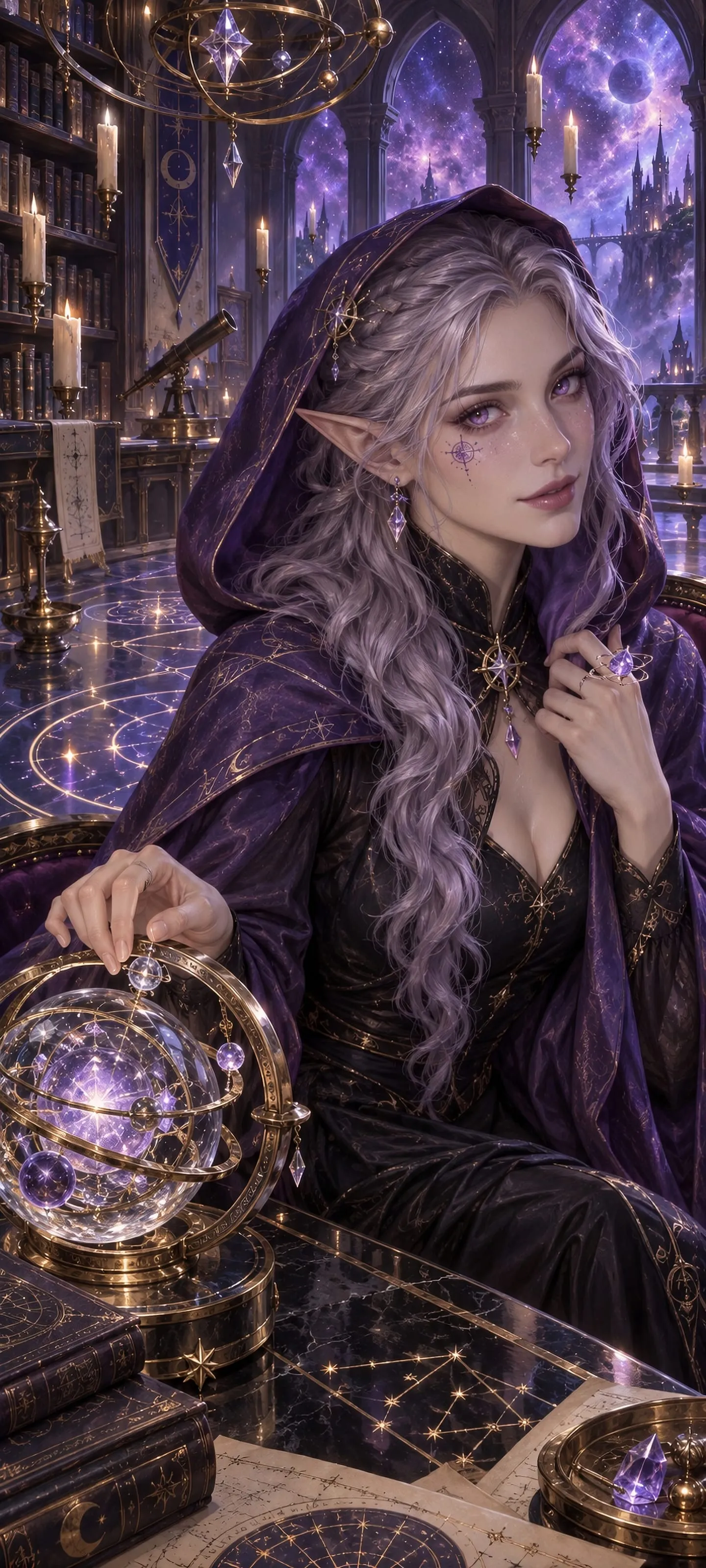 Seravelle Quen, the Violet Astrologer, studying a crystal astrolabe in a violet cloak beneath a cosmic observatory