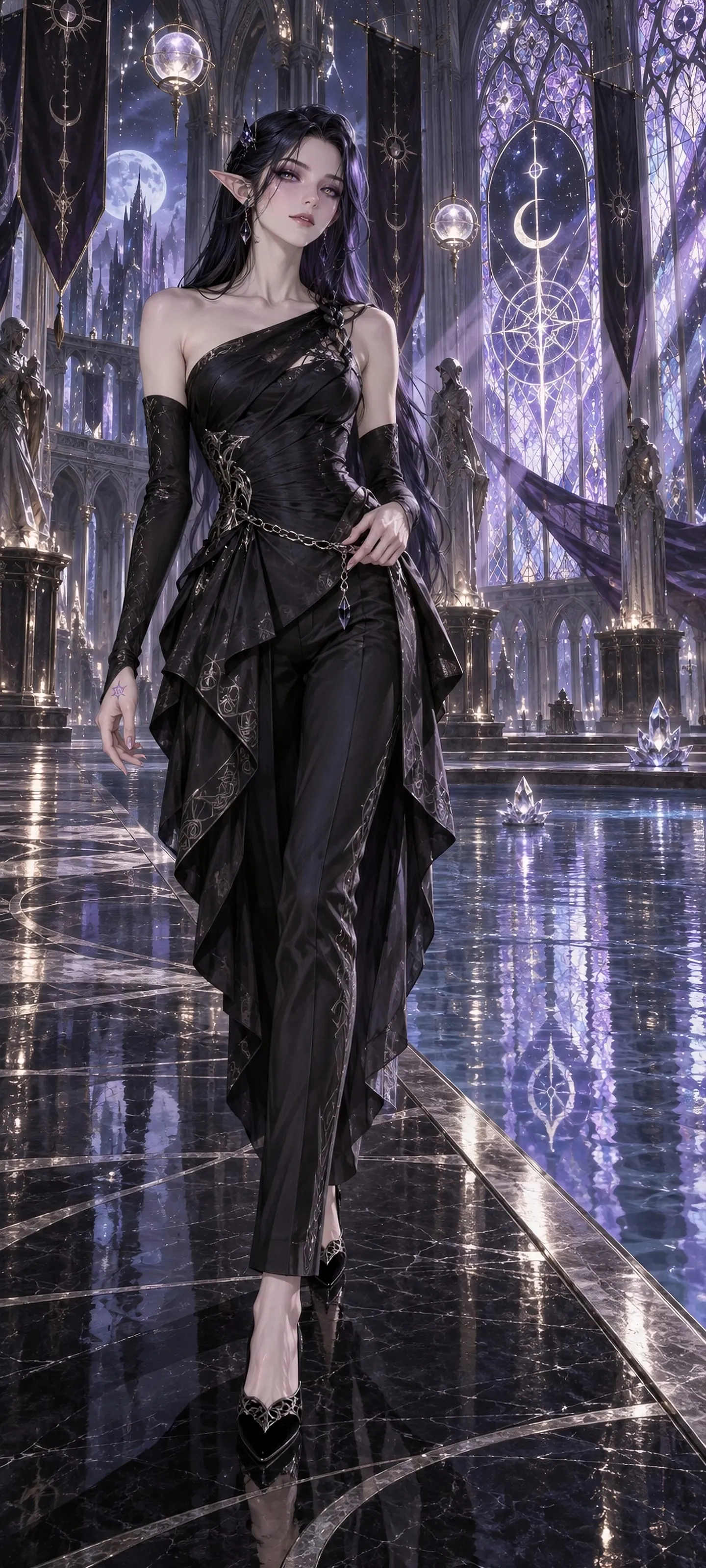 Maevira Noct, the Obsidian Icon, modeling an elegant black silk ensemble in a moonlit crystal atelier