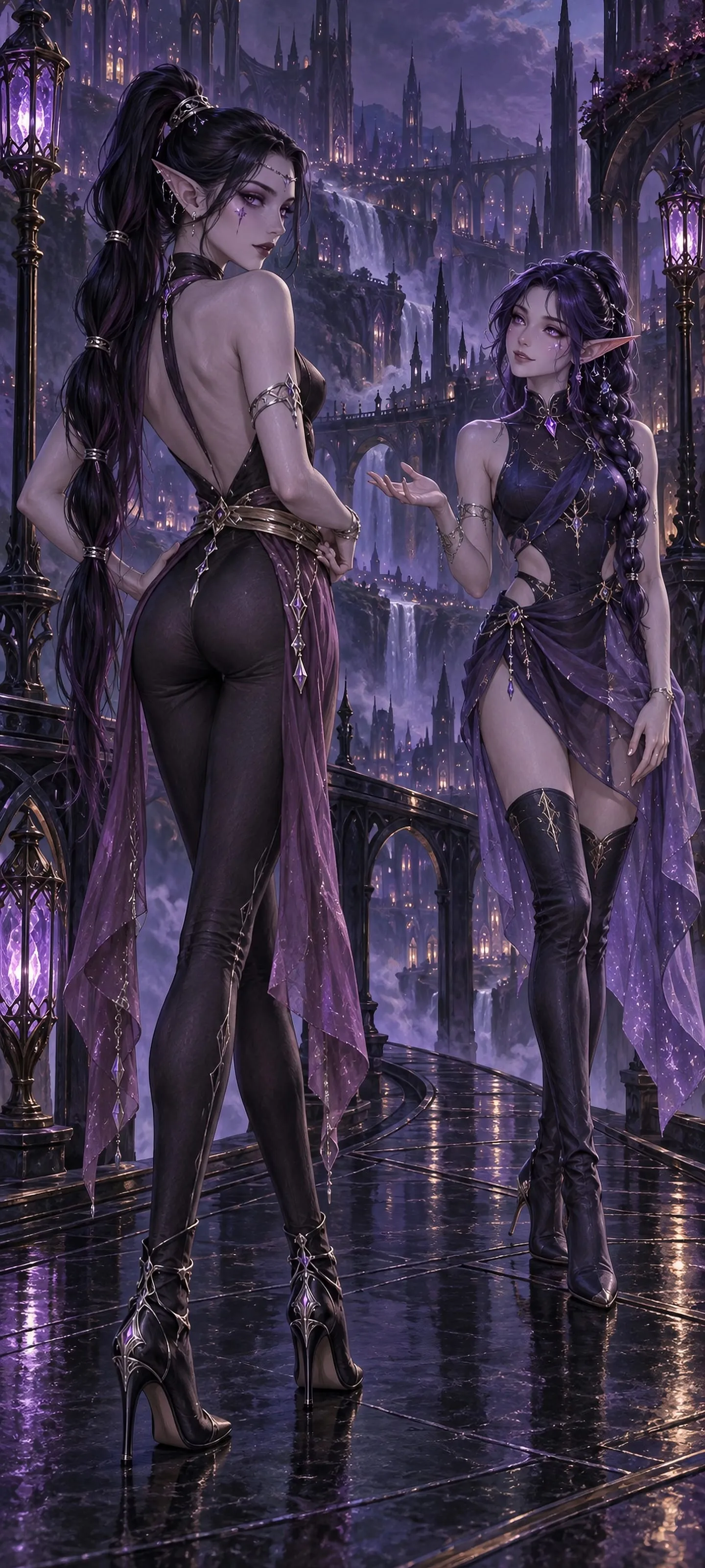 Two attractive lean adult elven women in fitted stylish fantasy outfits meet beneath nocturnal city lights, one looking back over her shoulder.