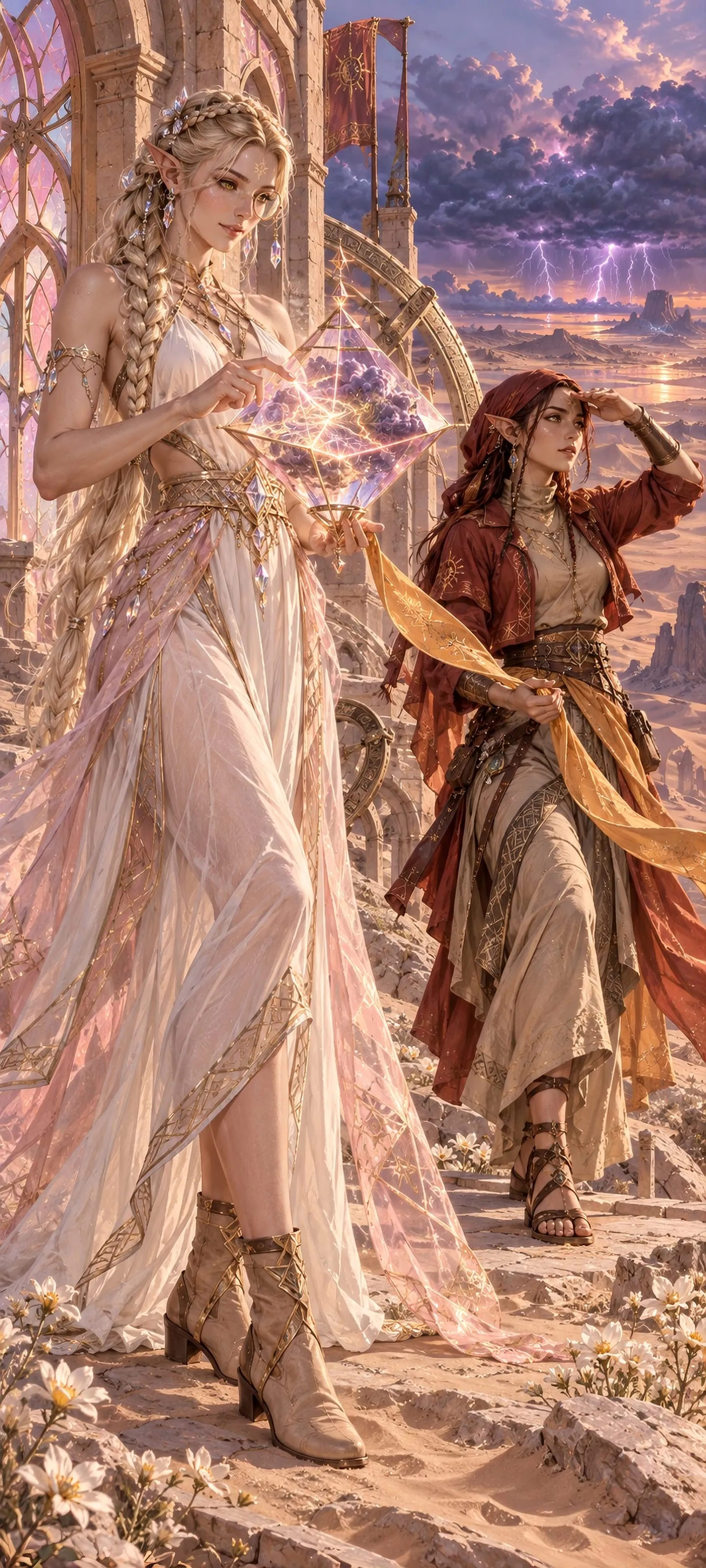 Two distinct adult elven women, a Crystal Elf cartographer and a Desert Elf sentinel, renew an oath beside a glowing prism in a roseglass desert observatory.