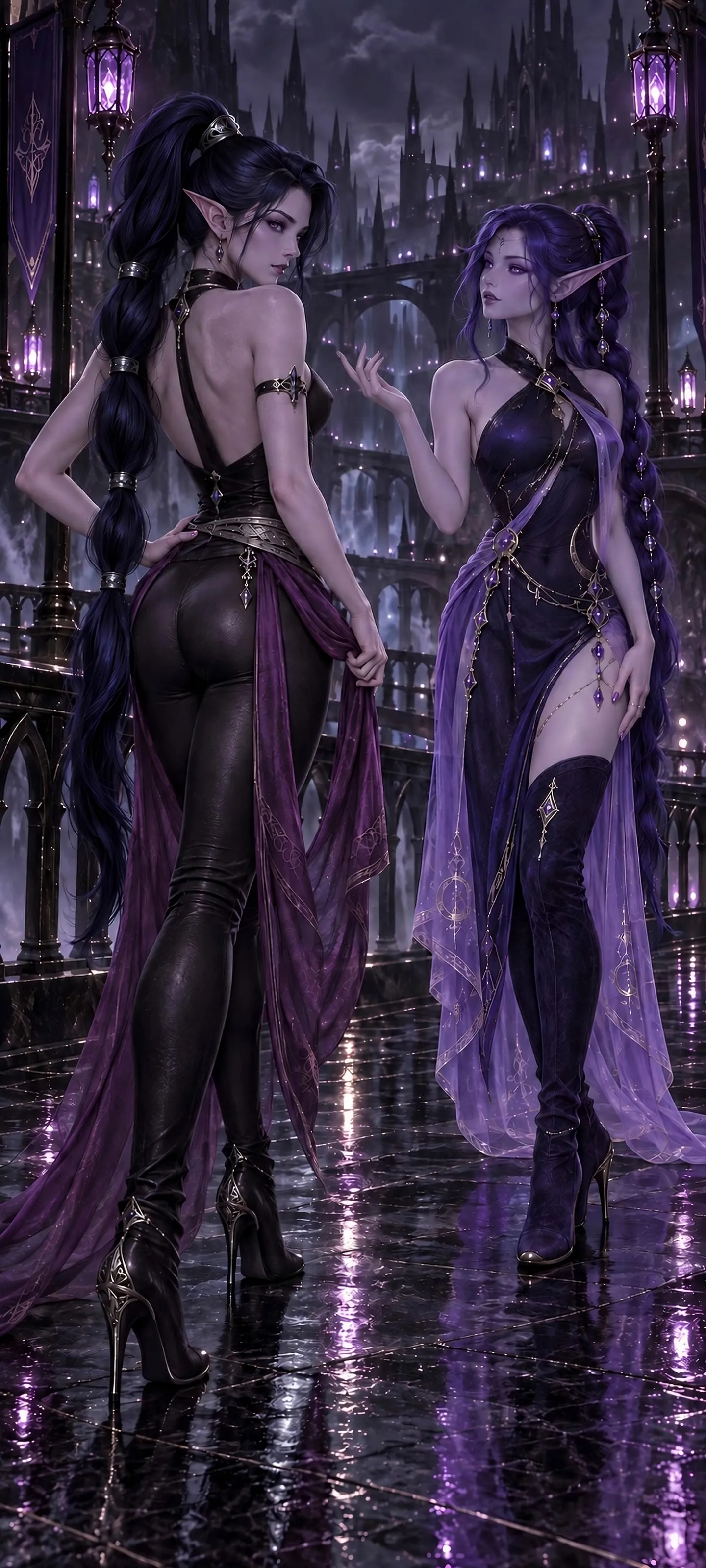 Two attractive lean adult elven women in fitted stylish fantasy outfits meet beneath nocturnal city lights, one looking back over her shoulder.
