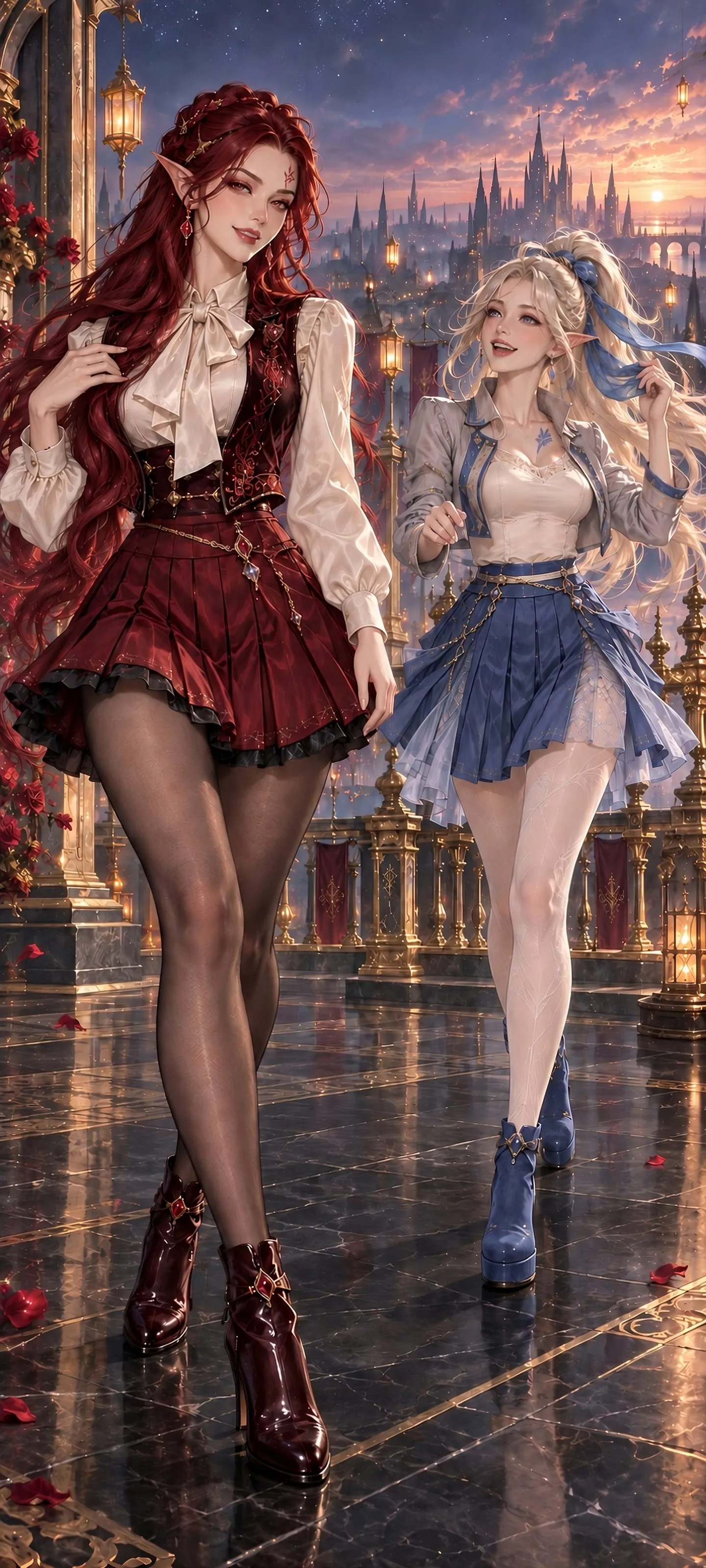 Two adult elven friends walk an enchanted rooftop runway in stylish wine-red and cobalt mini skirts at sunset, lifting their hair and scarf in the breeze.