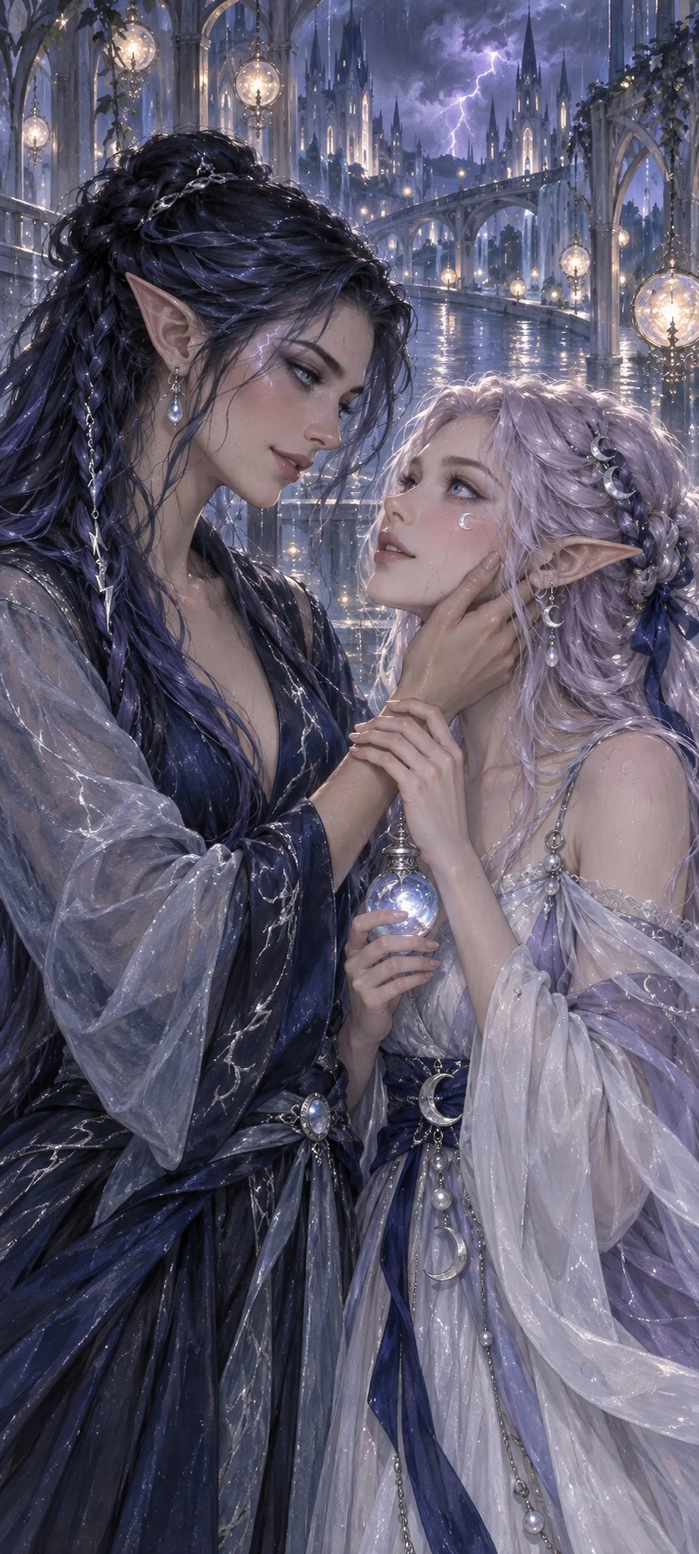 Two adult elven women in love share a tender vow on a moonlit rain-soaked skybridge beneath distant lightning.