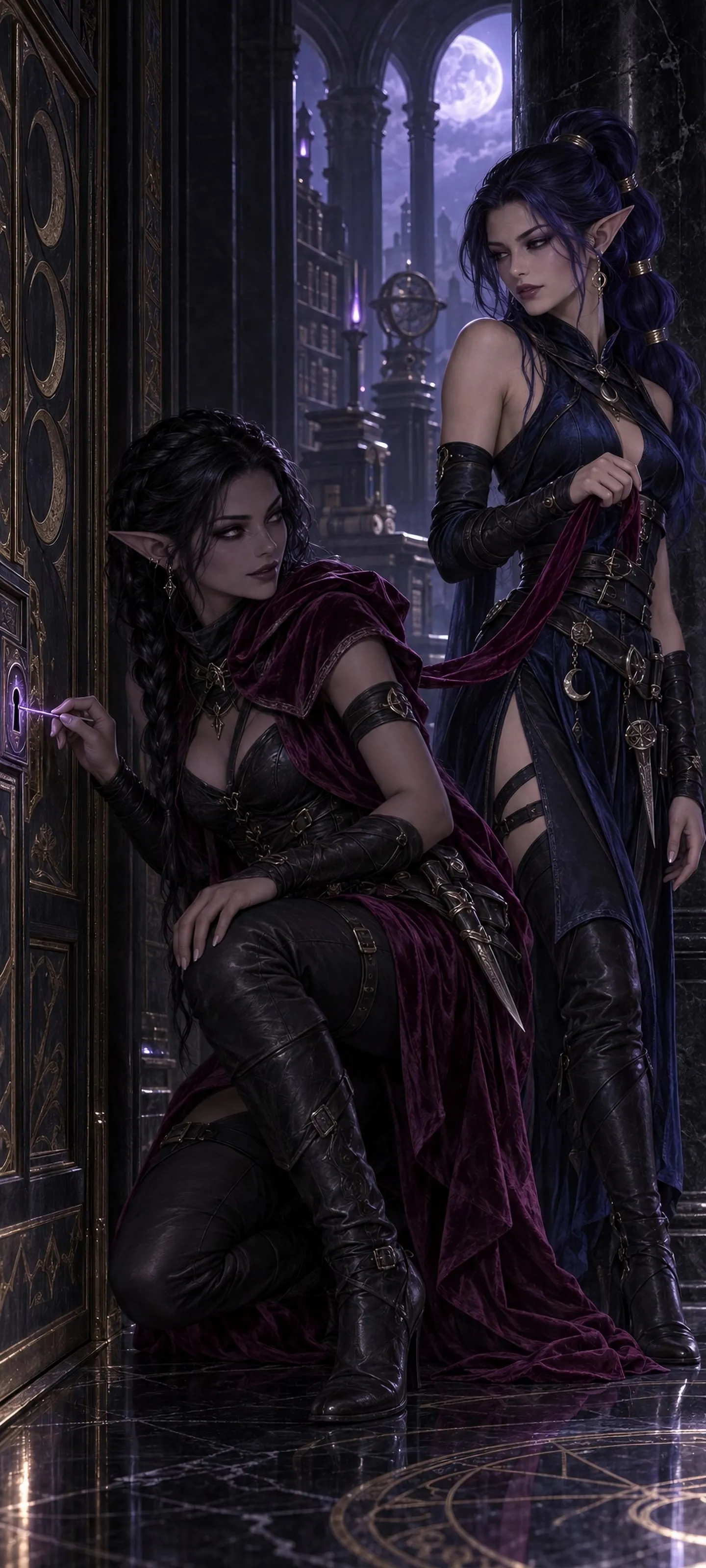 Two adult elven rogues share a secret signal while opening a forbidden moonlit archive door.