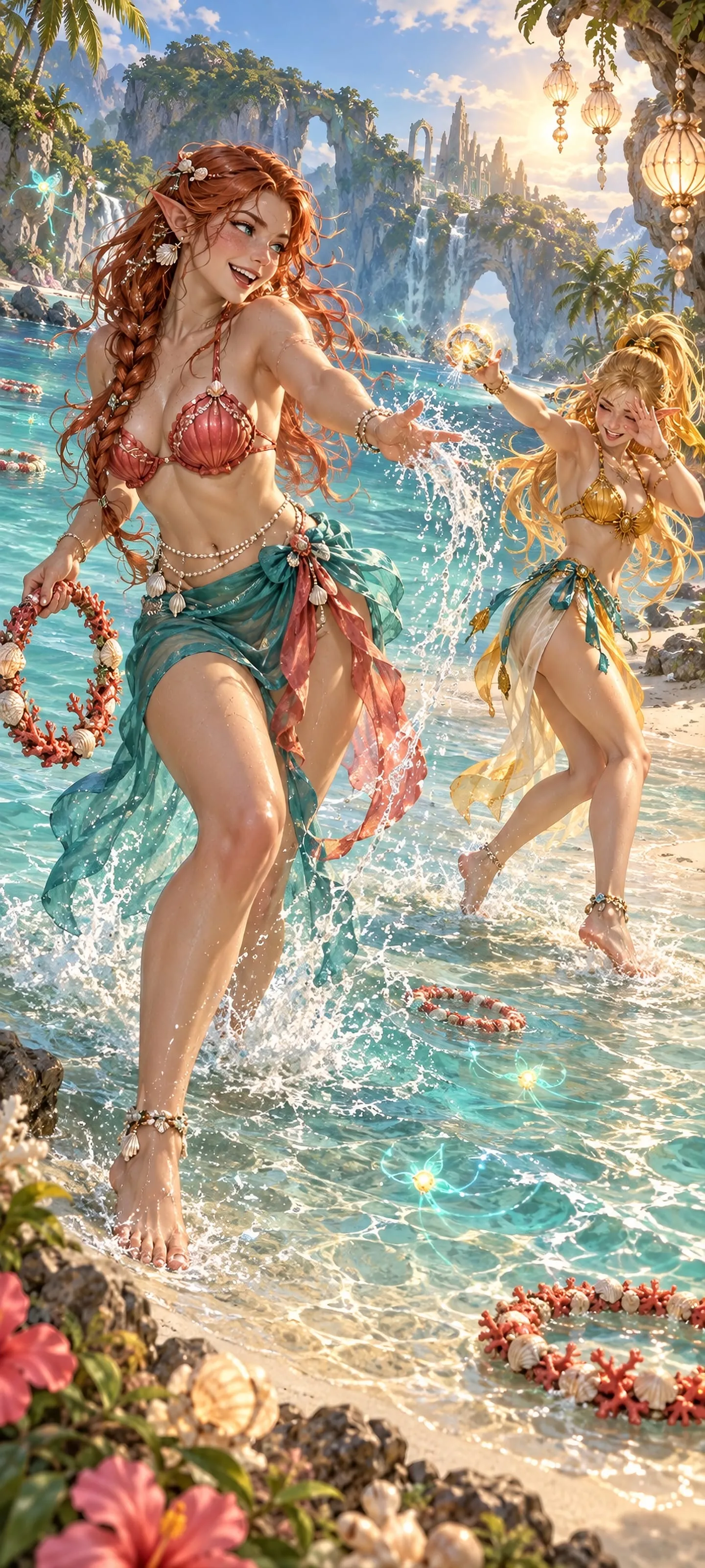 Two adult elven women in tasteful fantasy bikinis playfully splash through a bright enchanted lagoon beach.