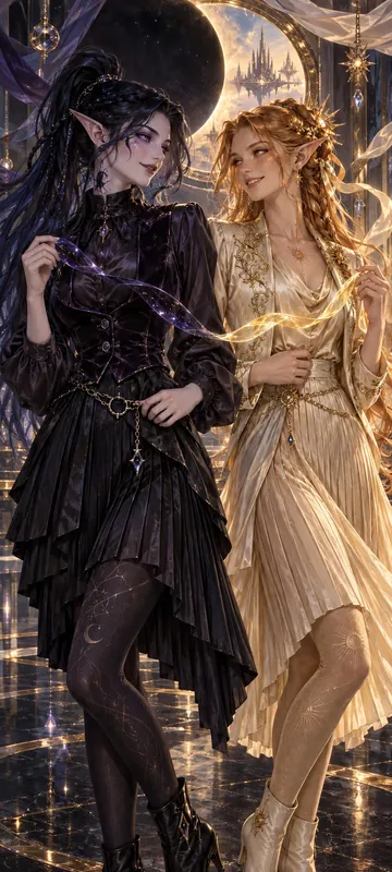 Full-body view of two distinct adult elven fashion muses contrasting void-violet and solar-gold tailored outfits in an enchanted salon.