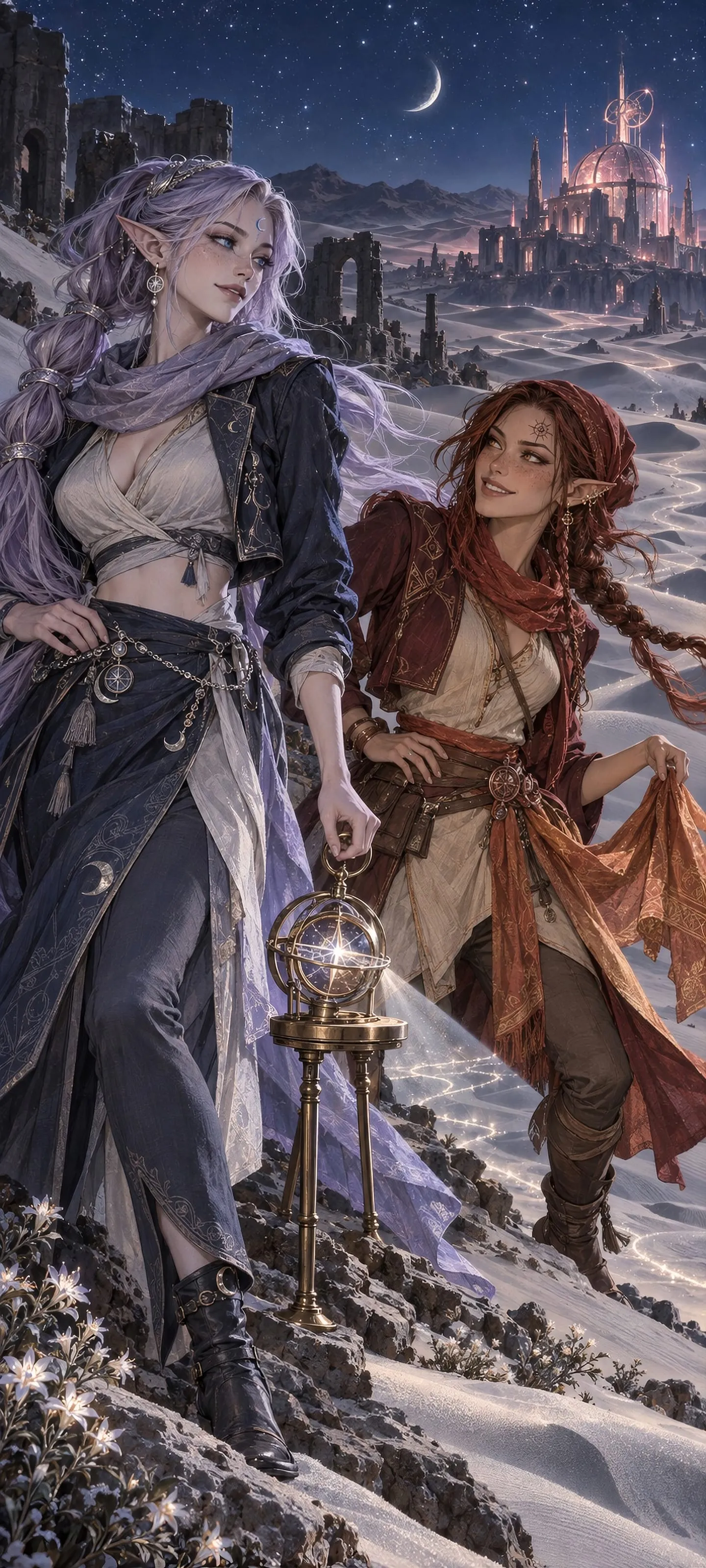 Two distinct adult elven women, a Moon Elf navigator and Desert Elf pathfinder, cross moonlit dunes toward a distant roseglass observatory.