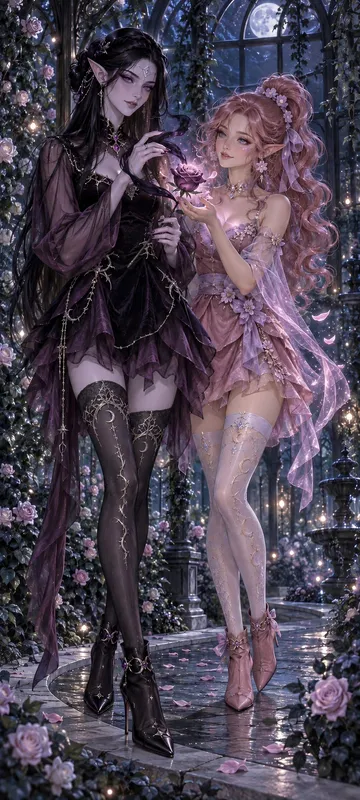 Two adult elven friends in elegant short dresses and patterned thigh-high stockings share an enchanted rose in a moonlit garden.
