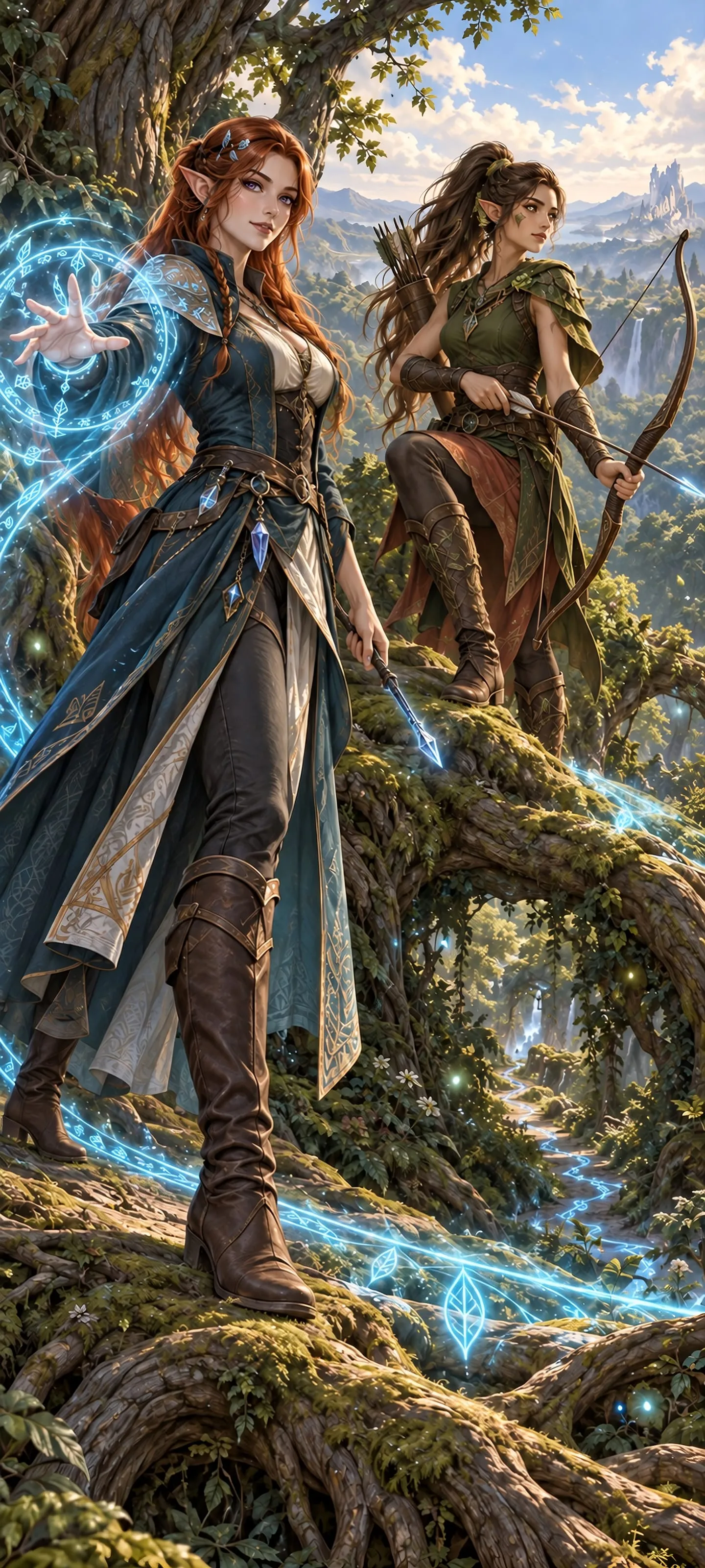 An adult elven mage and archer guard a living forest trail together beneath a luminous rune ward.