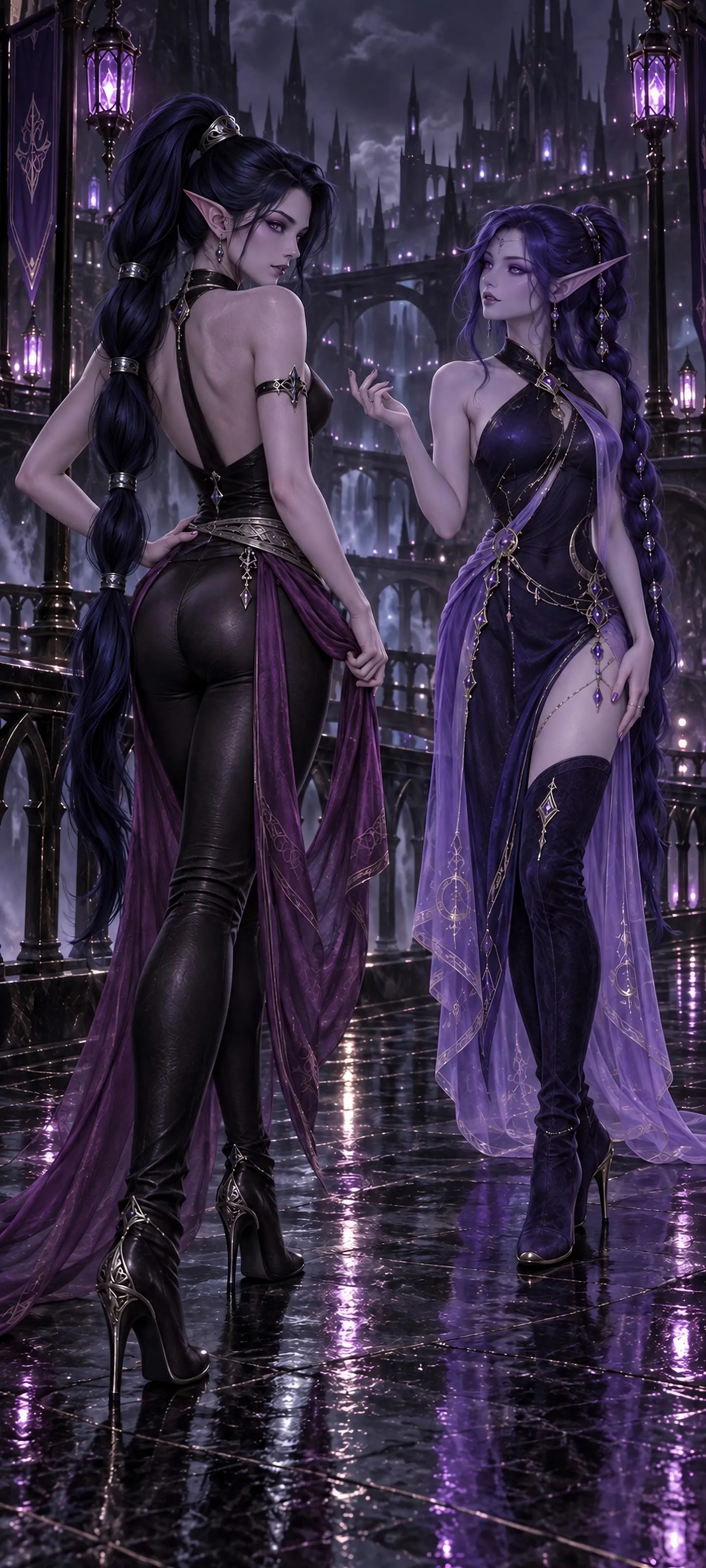 Two attractive lean adult elven women in fitted stylish fantasy outfits meet beneath nocturnal city lights, one looking back over her shoulder.