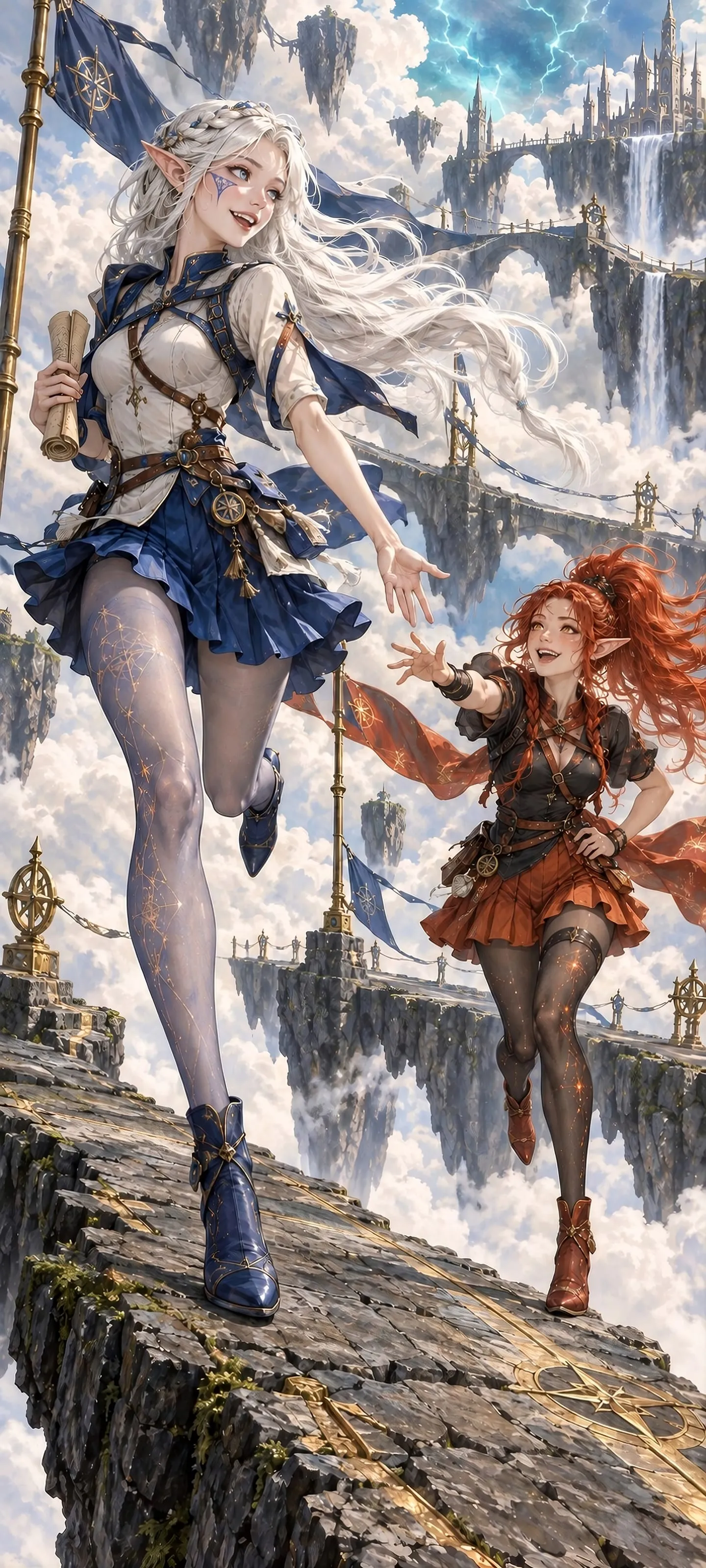 Two elven couriers in cobalt and rust-red outfits run across floating sky bridges, reaching toward each other beneath a bright stormy sky.