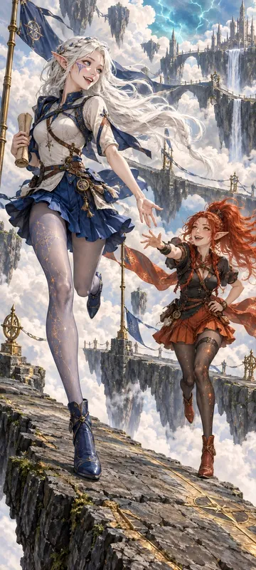 Two elven couriers in cobalt and rust-red outfits run across floating sky bridges, reaching toward each other beneath a bright stormy sky.