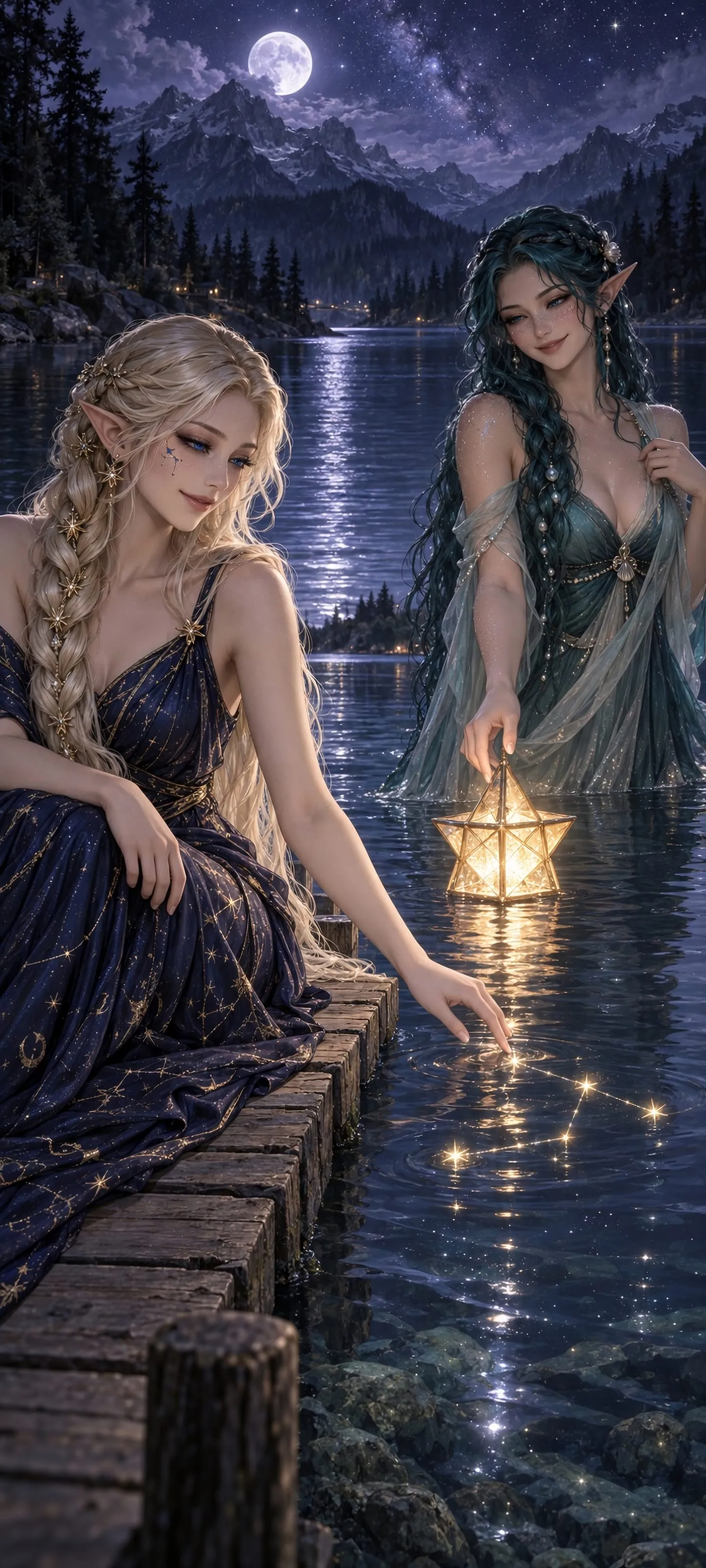 Two adult elven friends guide a glowing star-lantern across a quiet mountain lake at night.