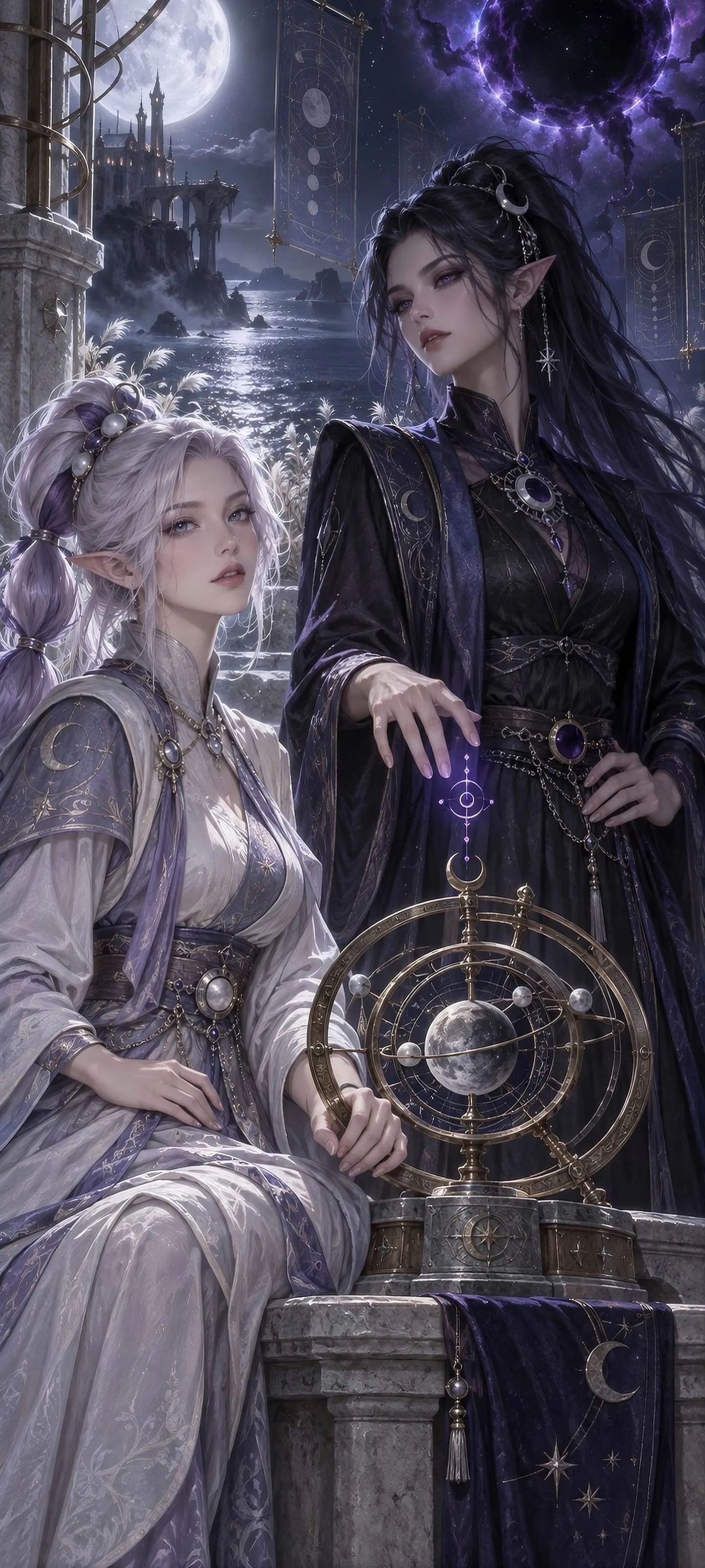 Two distinct adult elven women align a lunar astrolabe beside a moonlit rift above a black sea.