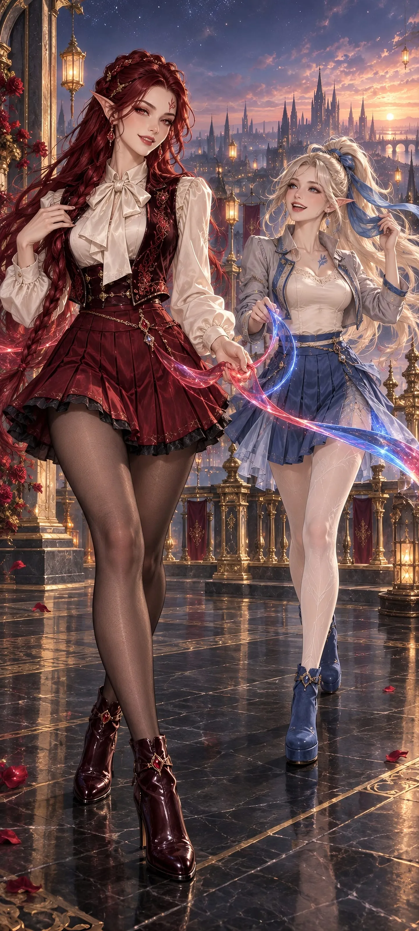 Two adult elven friends walk an enchanted rooftop runway in stylish wine-red and cobalt mini skirts while holding a ribbon of magical light.