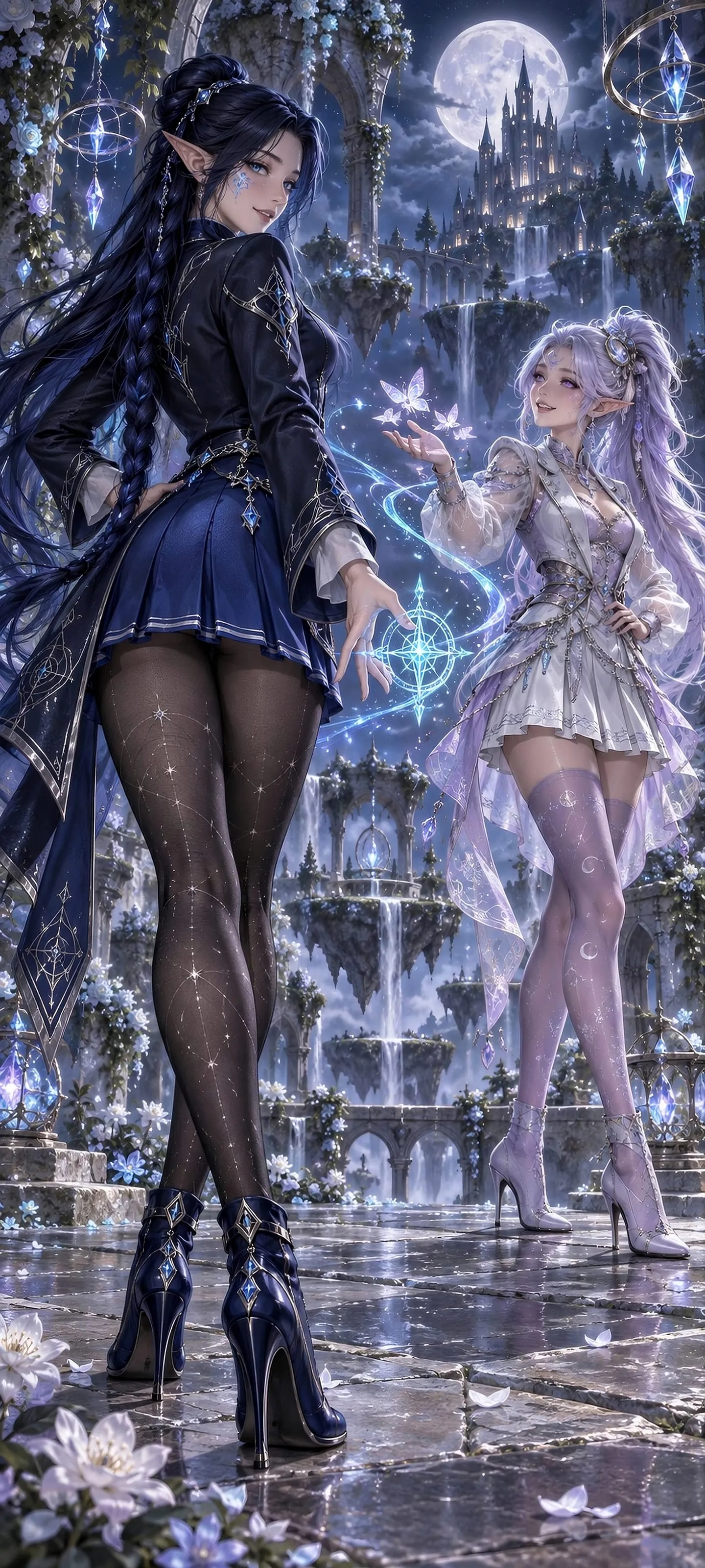 Full-body view of an Arcane Elf with dark blue hair and a Dream Elf with silver hair dueling playfully in mini skirts and stockings; one mage is seen from behind.