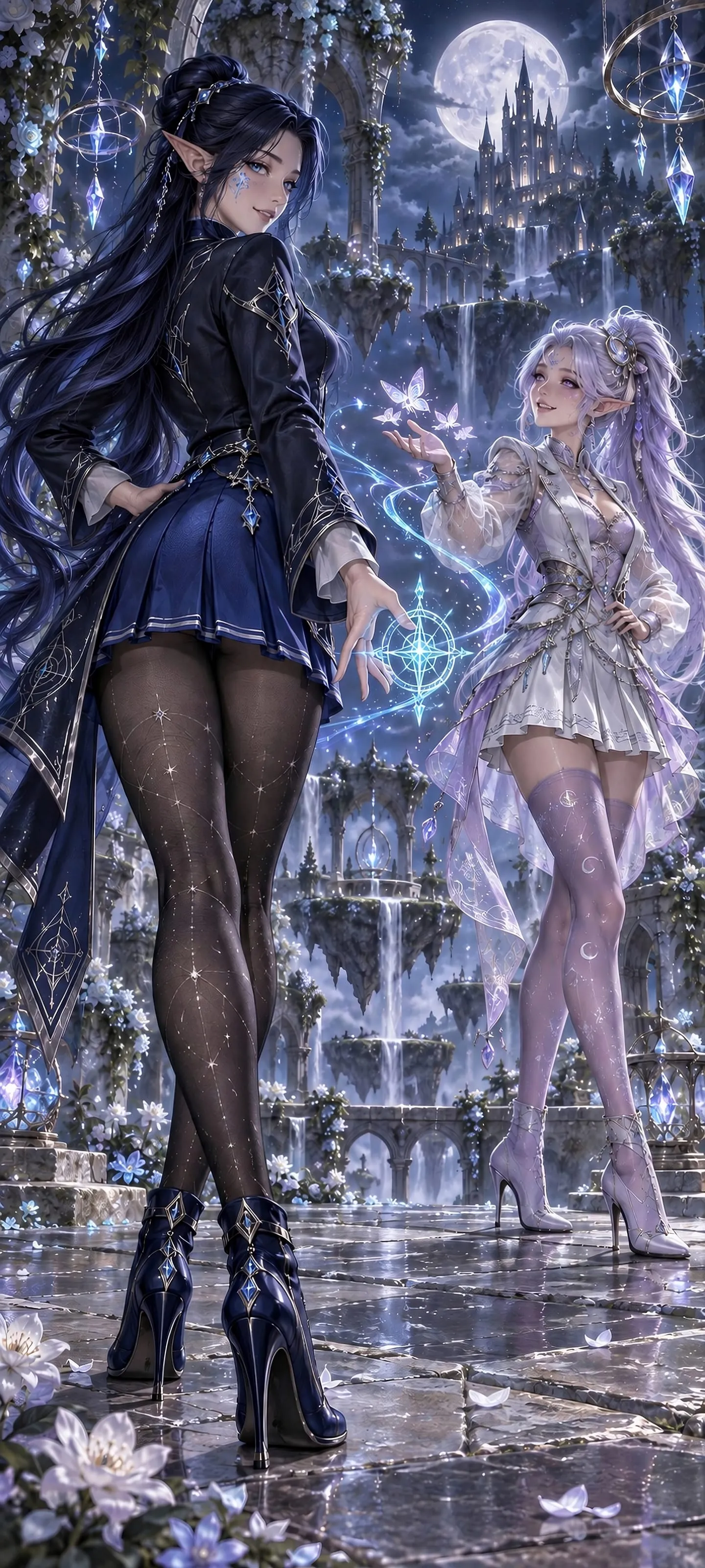 Full-body view of an Arcane Elf with dark blue hair and a Dream Elf with silver hair dueling playfully in mini skirts and stockings; one mage is seen from behind.