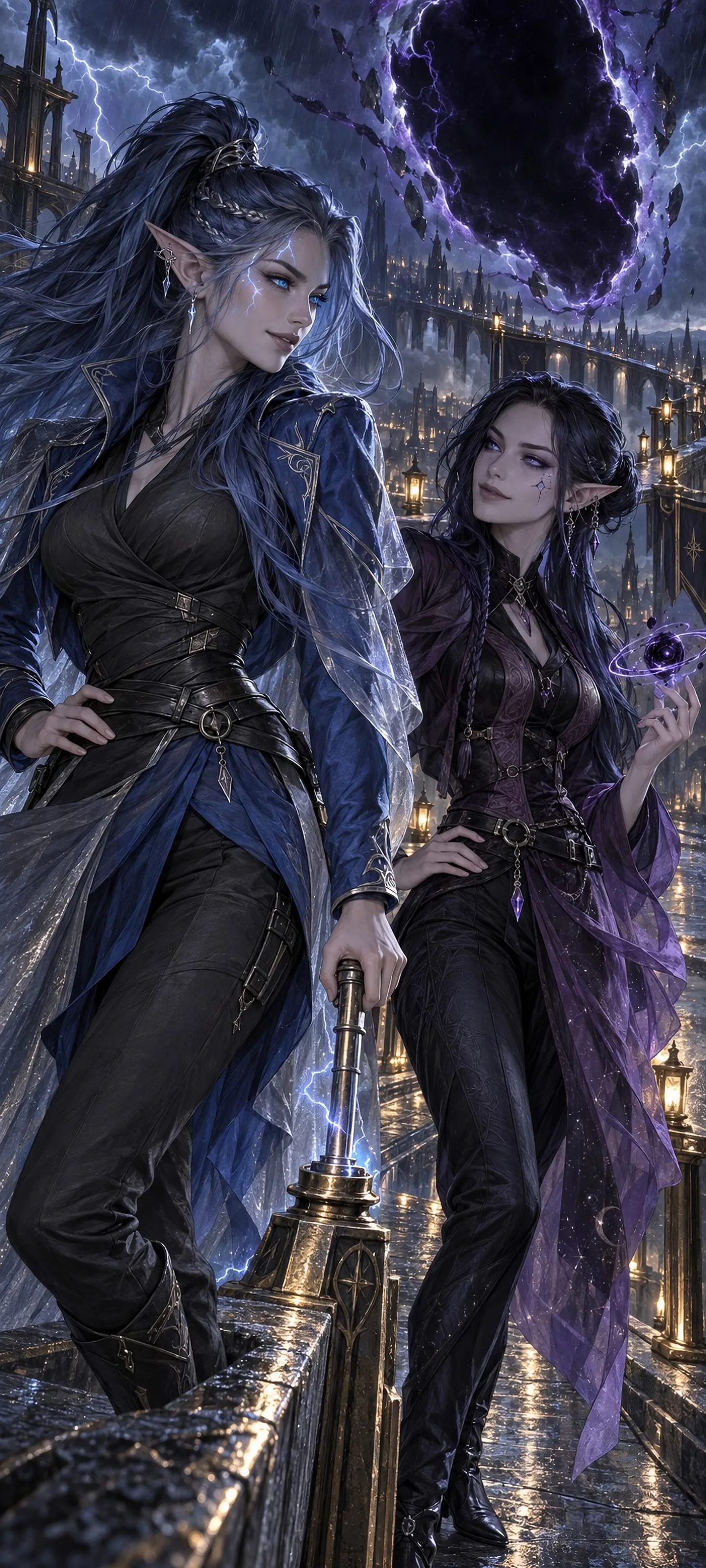 Two distinct adult elven women, a Storm Elf courier and Void Elf scout, chart a dangerous route through a void veil above a rain-dark city.