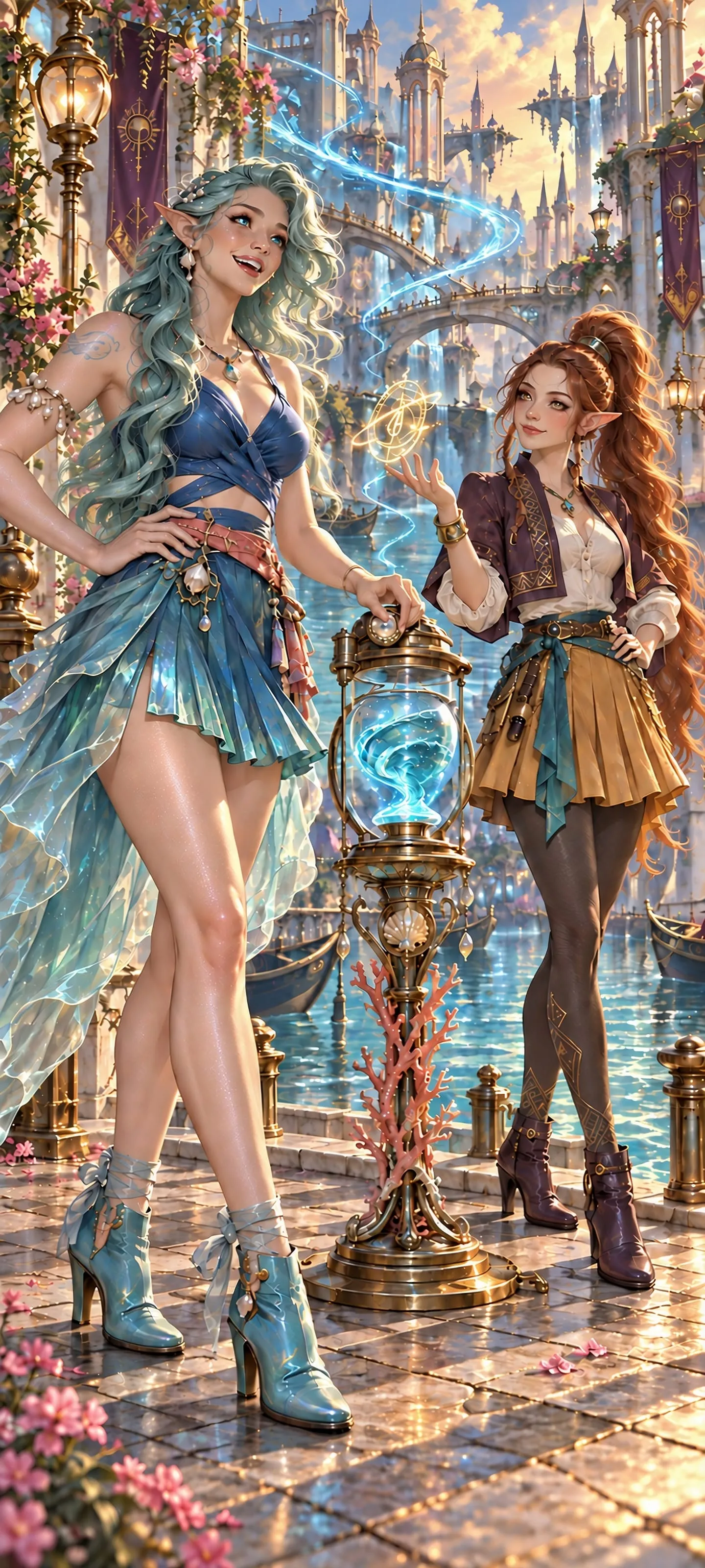 Full-body portrait of two distinct adult elven women, a Sea Elf and Rune Elf, guiding blue tide magic around an enchanted hourglass in a luminous canal city.