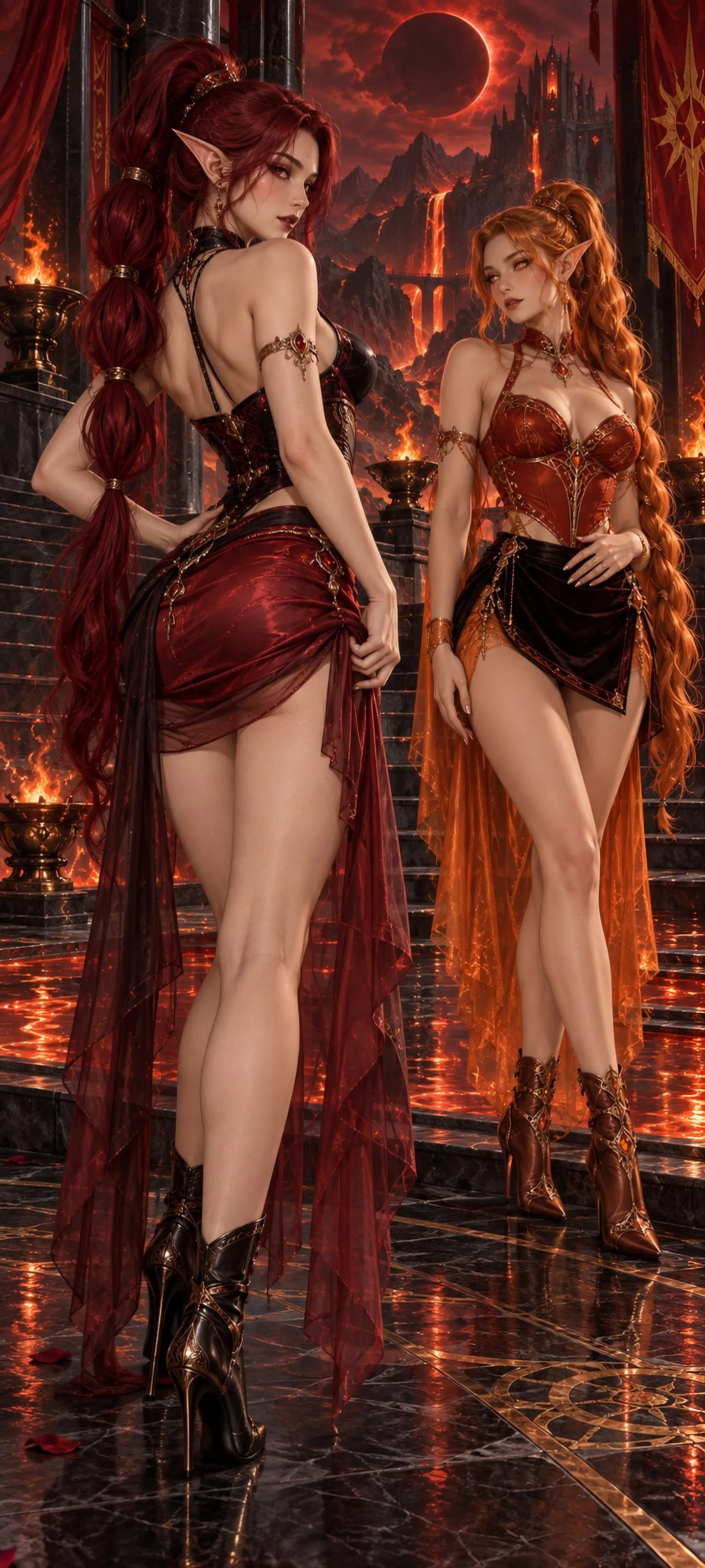 Two attractive lean adult elven women in stylish lingerie-inspired mini-skirt outfits meet beneath a crimson eclipse, one viewed from behind.