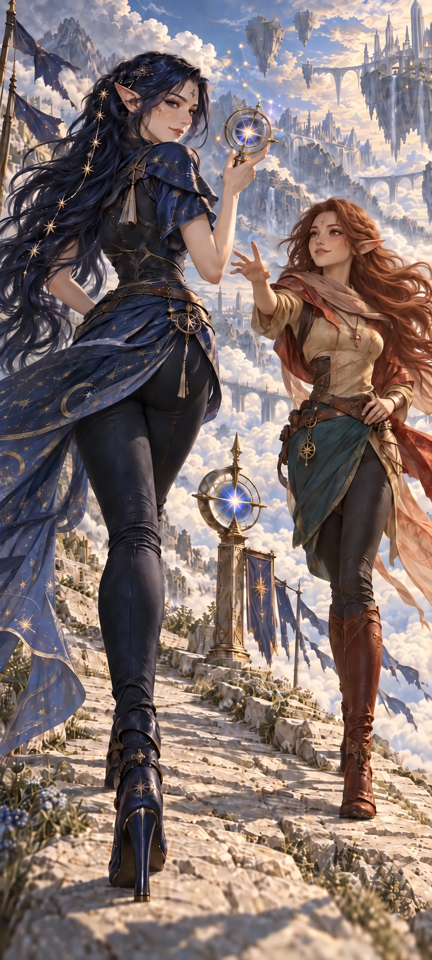 Two distinct adult elven women, a Star Elf viewed from behind and a Desert Elf, cross a high cloud-filled vale beneath a falling constellation.