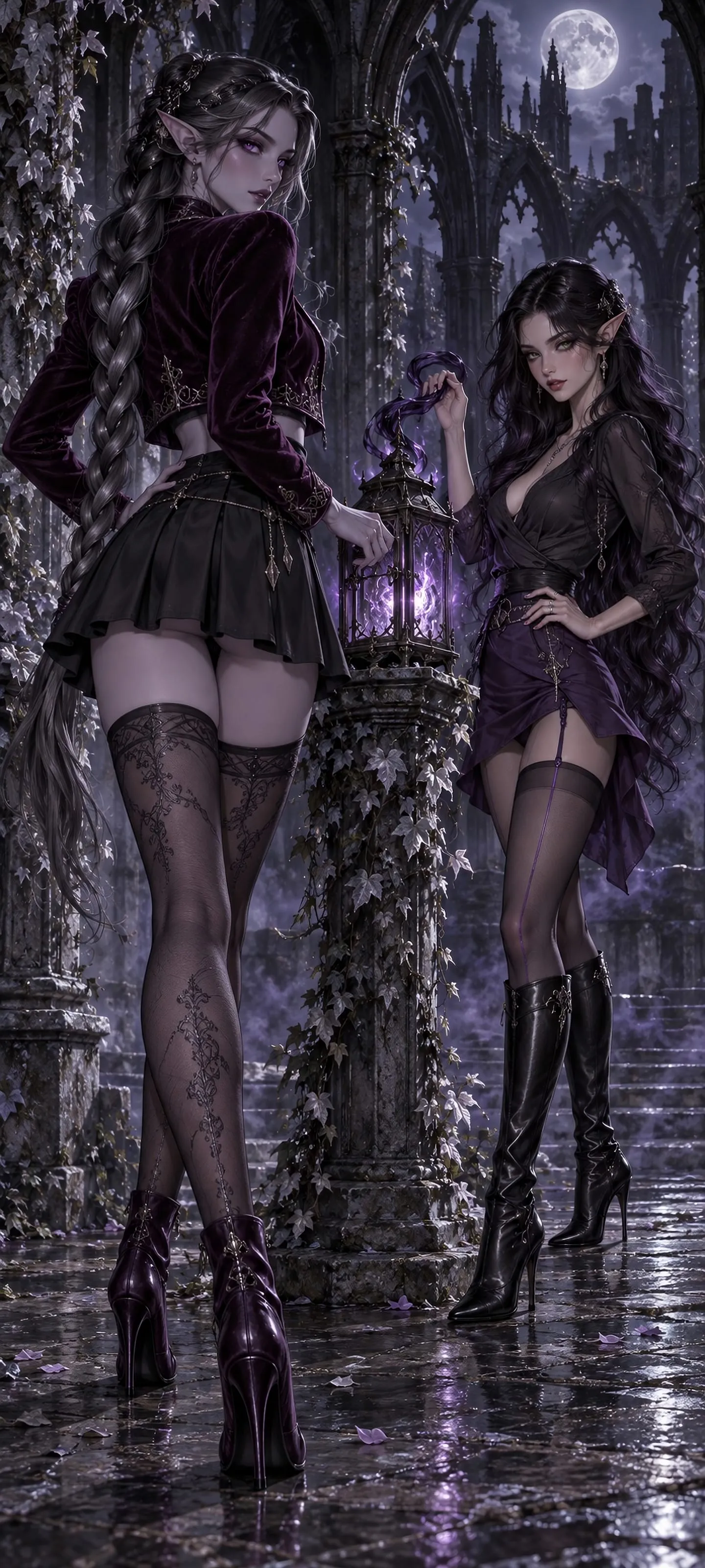 Full-body fantasy duo of a very slender Dark Elf and Shadow Elf in mini skirts and stockings, one viewed from behind in a moonlit cloister