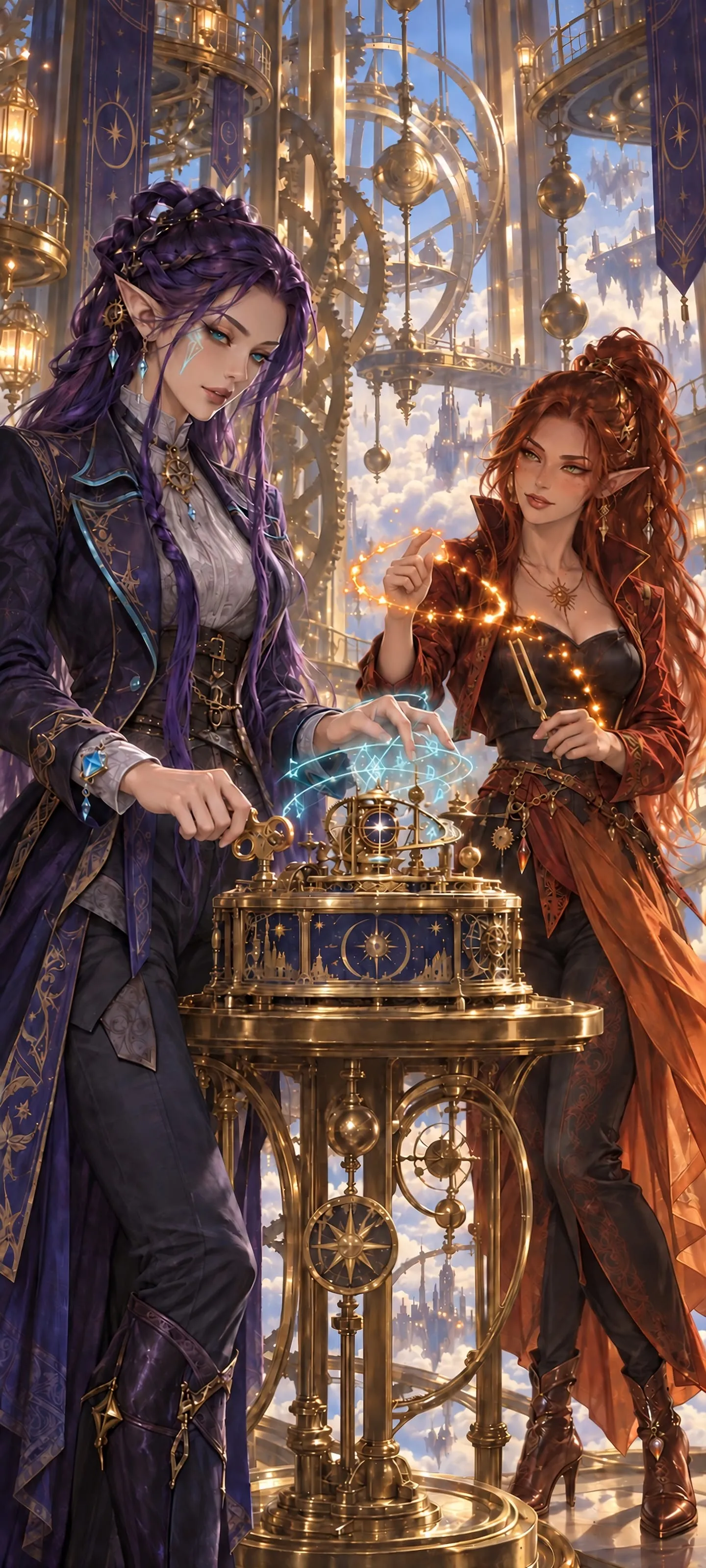 Two adult elven friends perform a magical clockwork duet inside a floating theater above the clouds.
