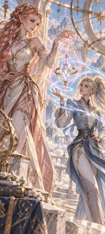 Knees-up duo of slender Crystal and Sky Elf mages weaving a prism spell above the clouds