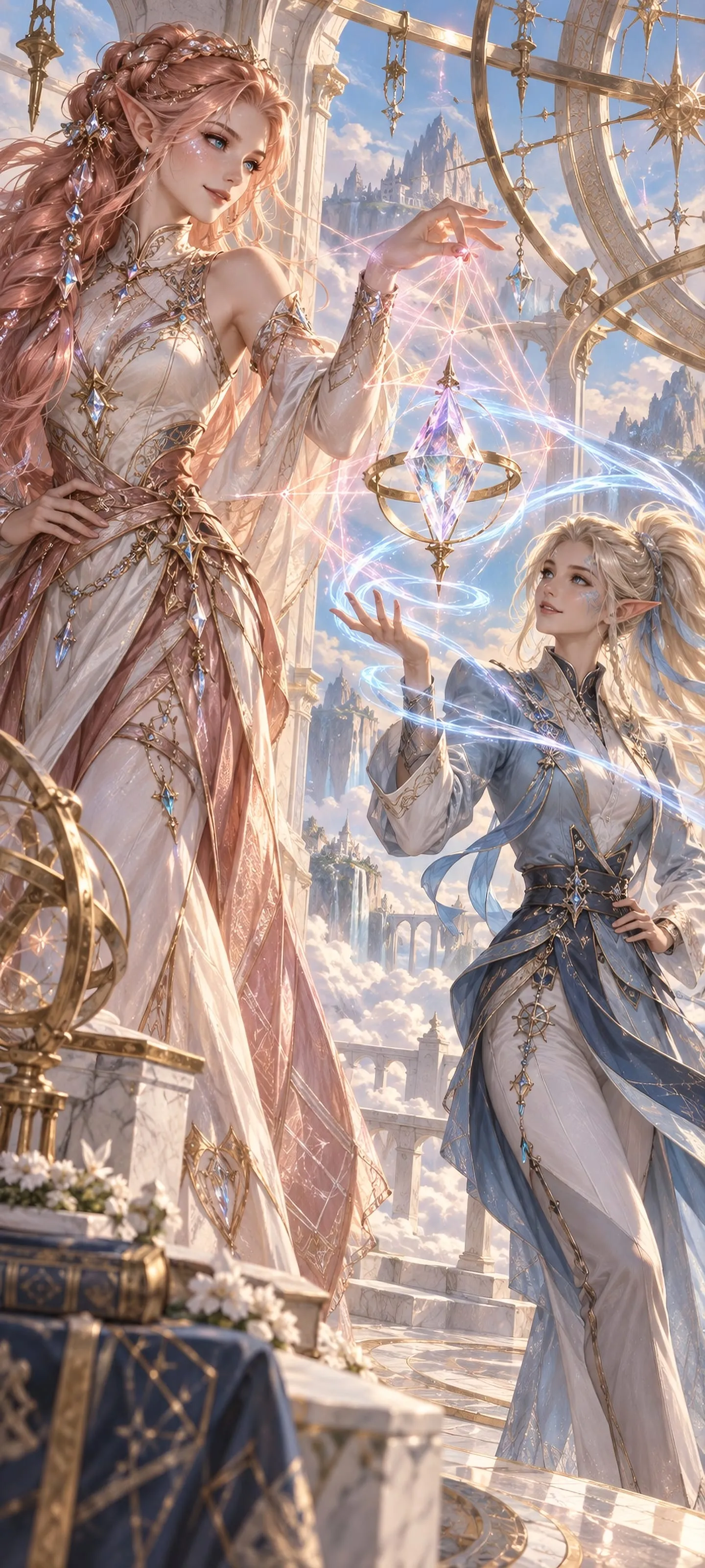 Knees-up duo of slender Crystal and Sky Elf mages weaving a prism spell above the clouds