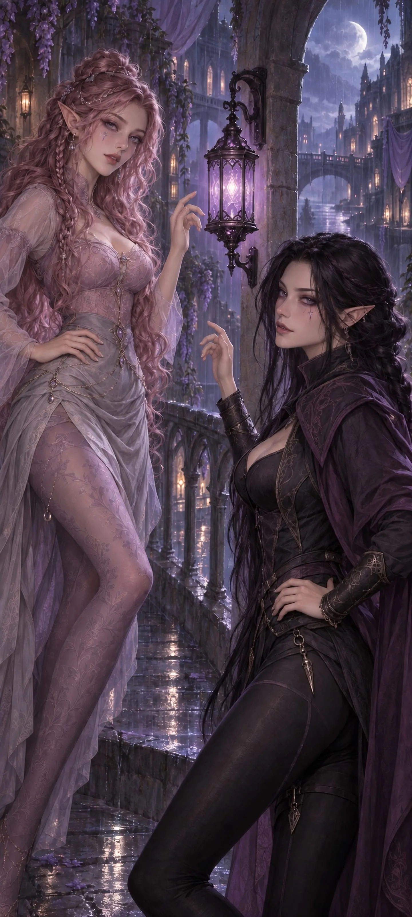 Two exceptionally slender elves in elegant tights exchange a coded lantern signal.