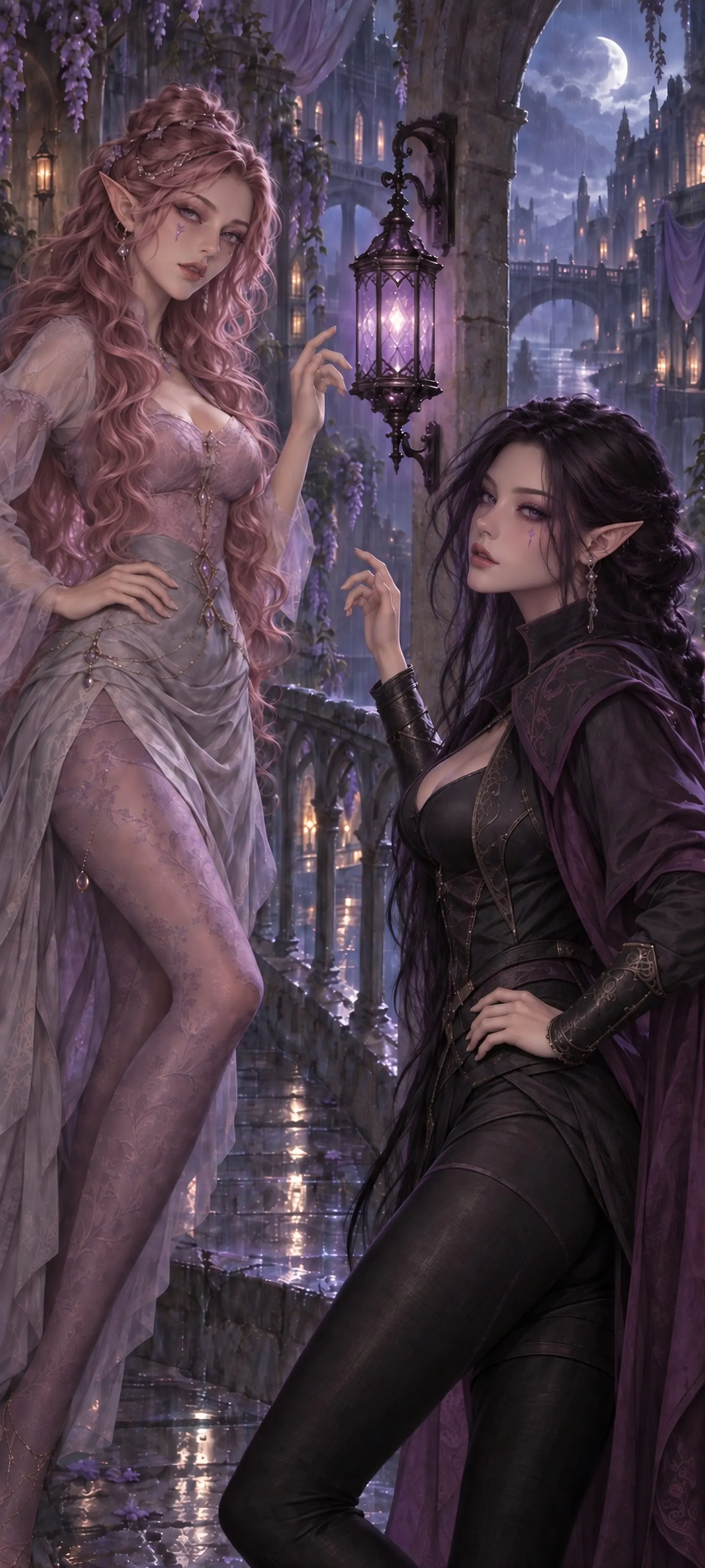 Two exceptionally slender elves in elegant tights exchange a coded lantern signal on a moonlit bridge.