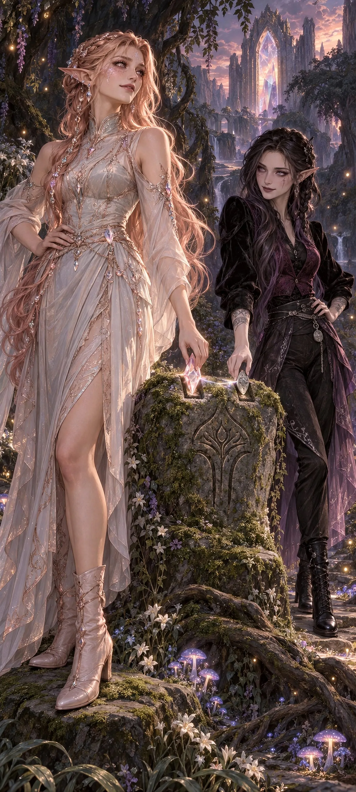 Two distinct adult elven women, a Crystal Elf and a Dark Elf, renew an oath beside a glowing prism gate in a twilight grove.