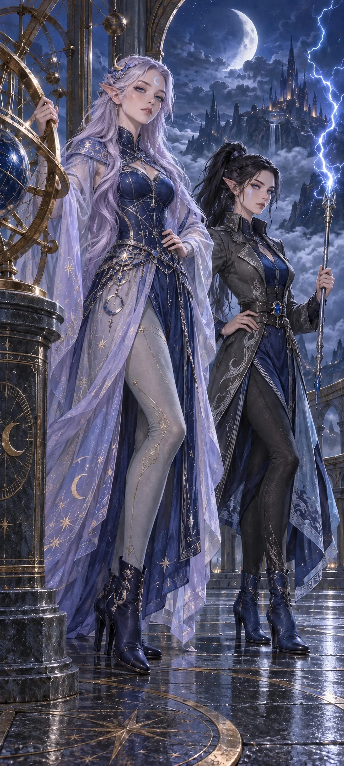 A moon elf cartographer and storm elf stand beside a brass astrolabe beneath moonlight and lightning.