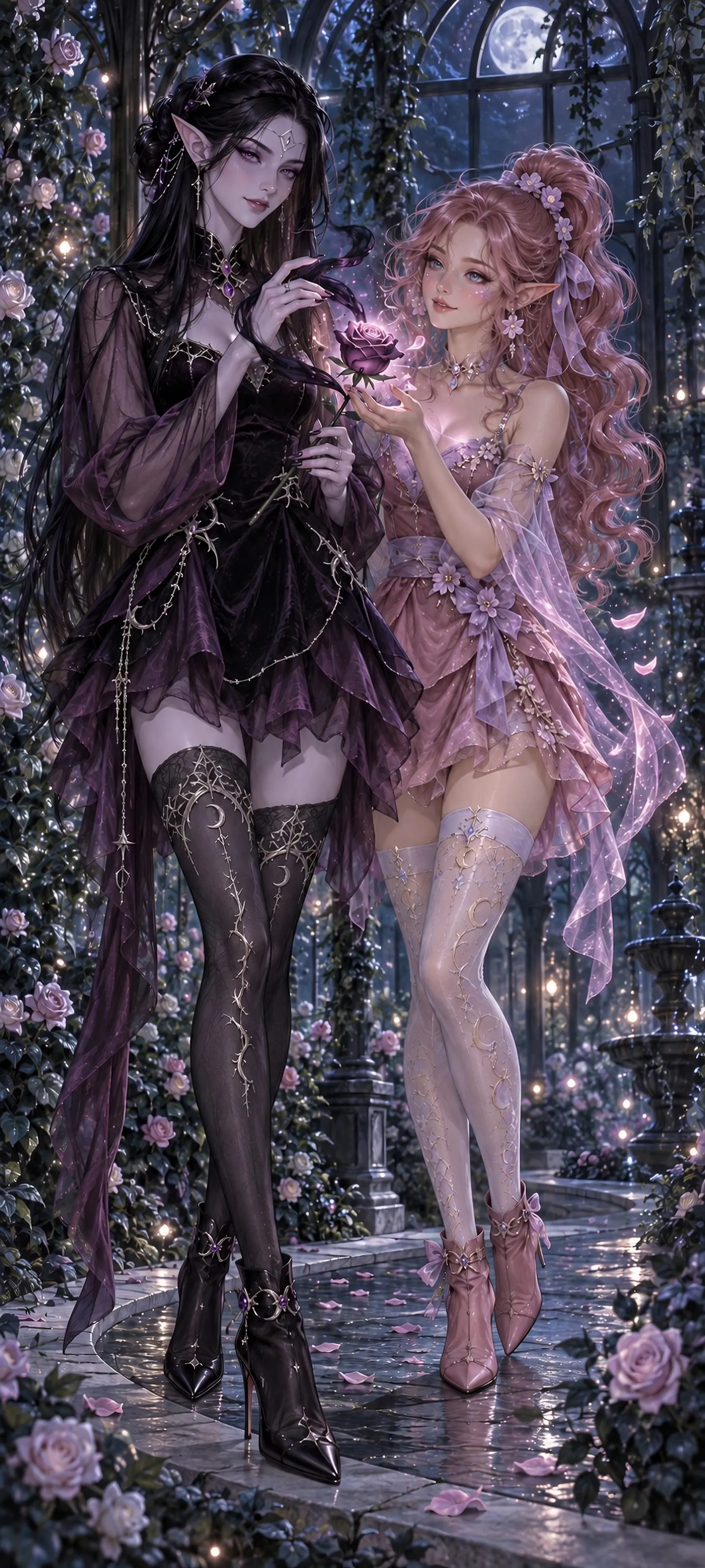 Two adult elven friends in elegant short dresses and patterned thigh-high stockings share an enchanted rose in a moonlit garden.