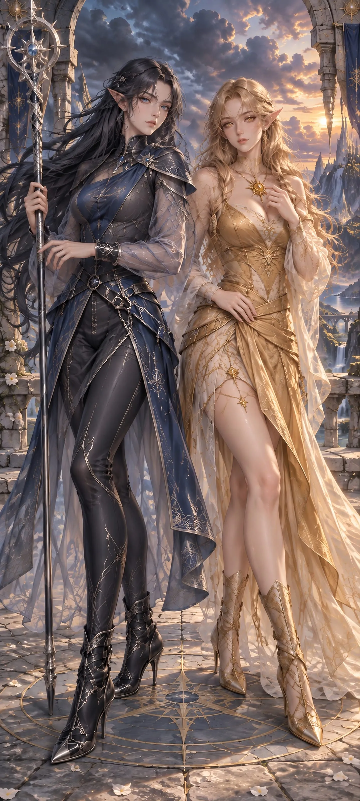 Full-body portrait of two elf allies: a storm mage with a silver staff beside a golden Sun Elf, standing close together at a mountain altar.